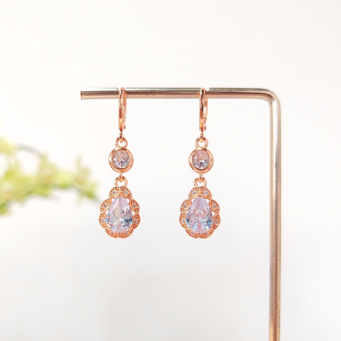 Sparkling Teardrop CZ Dangle Earrings|Gold Halo Drop Earrings| Bridal Wedding Jewelry|Bridesmaid Gift|Vintage Elegant Earrings |Gift for Her