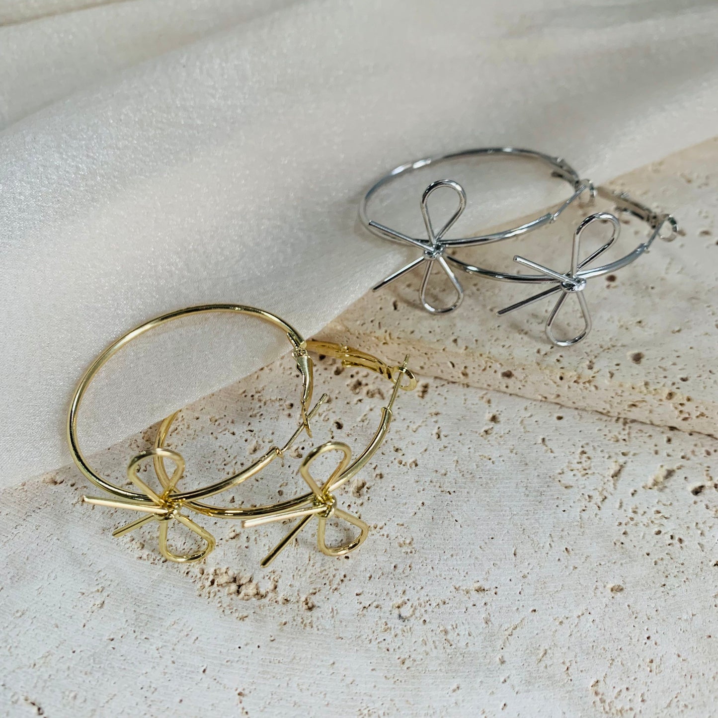 Bestie Set --- Handmade Dainty Silver & Golden Ribbon Bow Hoop Earrings | Medium Hoop Earrings | Minimalist Bow Tie Earrings | Cute Gift for Her | Trendy Best Friend Jewelry