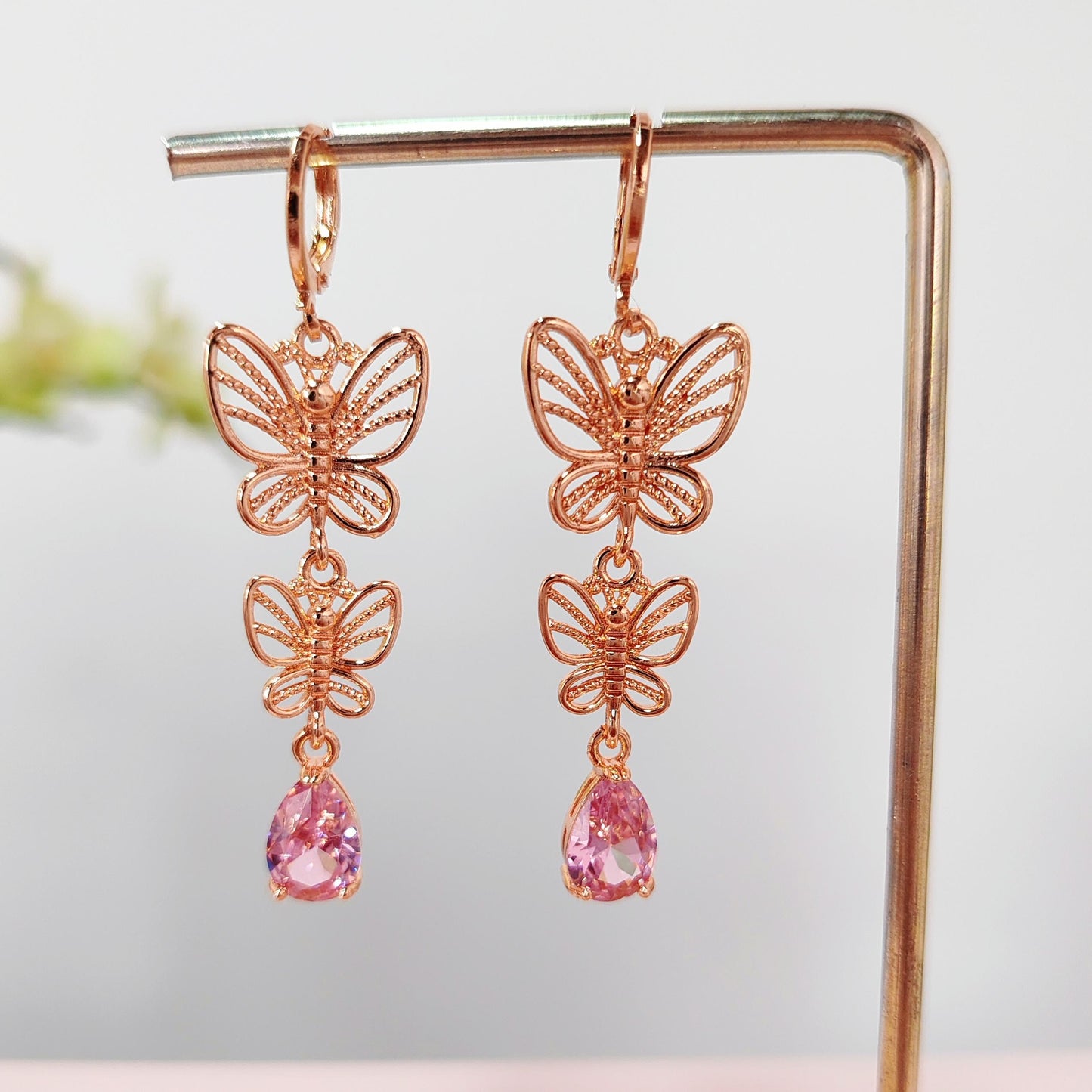 Gold Double Butterfly Drop Earrings | Pink CZ Teardrop Dangle Earrings| Fairycore Sparkling Jewelry |Gift for Her | Nature Inspired Earrings