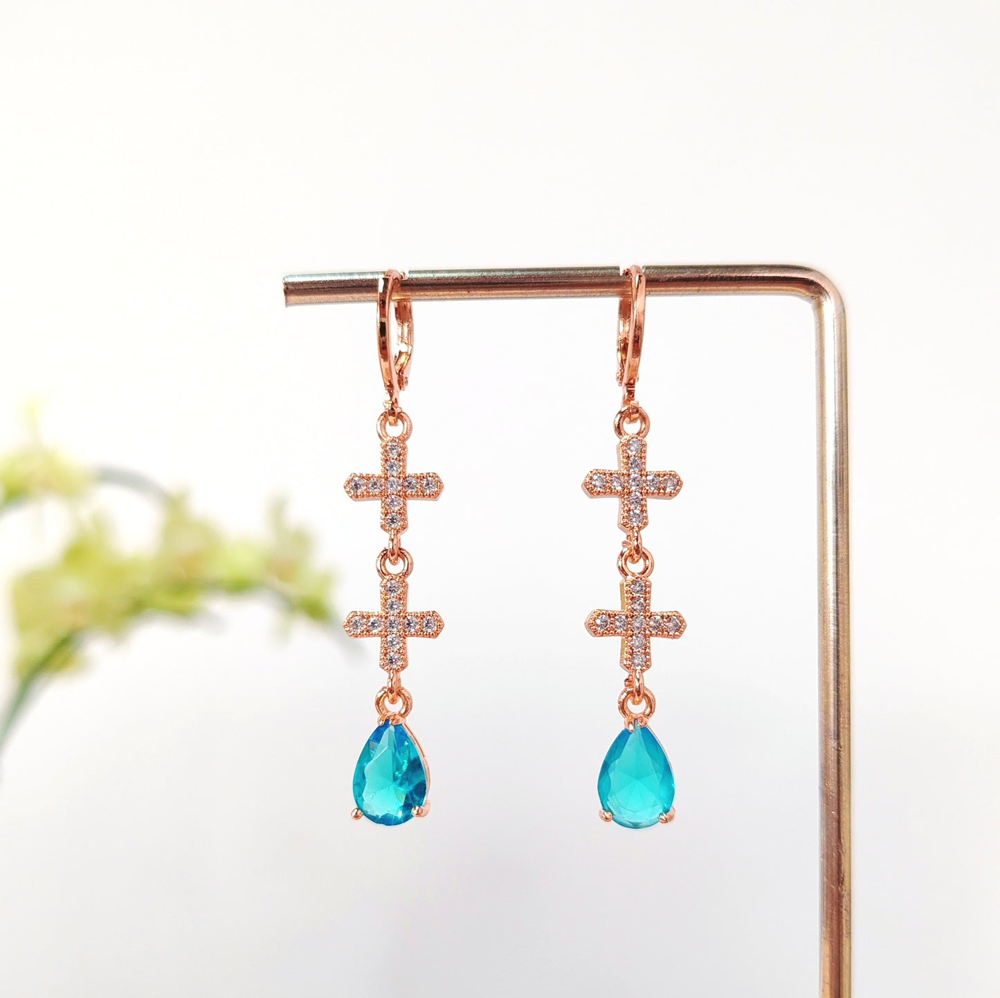 Cross Dangle Earrings with Blue Teardrop CZ | Long Drop Religious Earrings | Baptism Gift | Wedding Earrings | Statement Earrings for Her