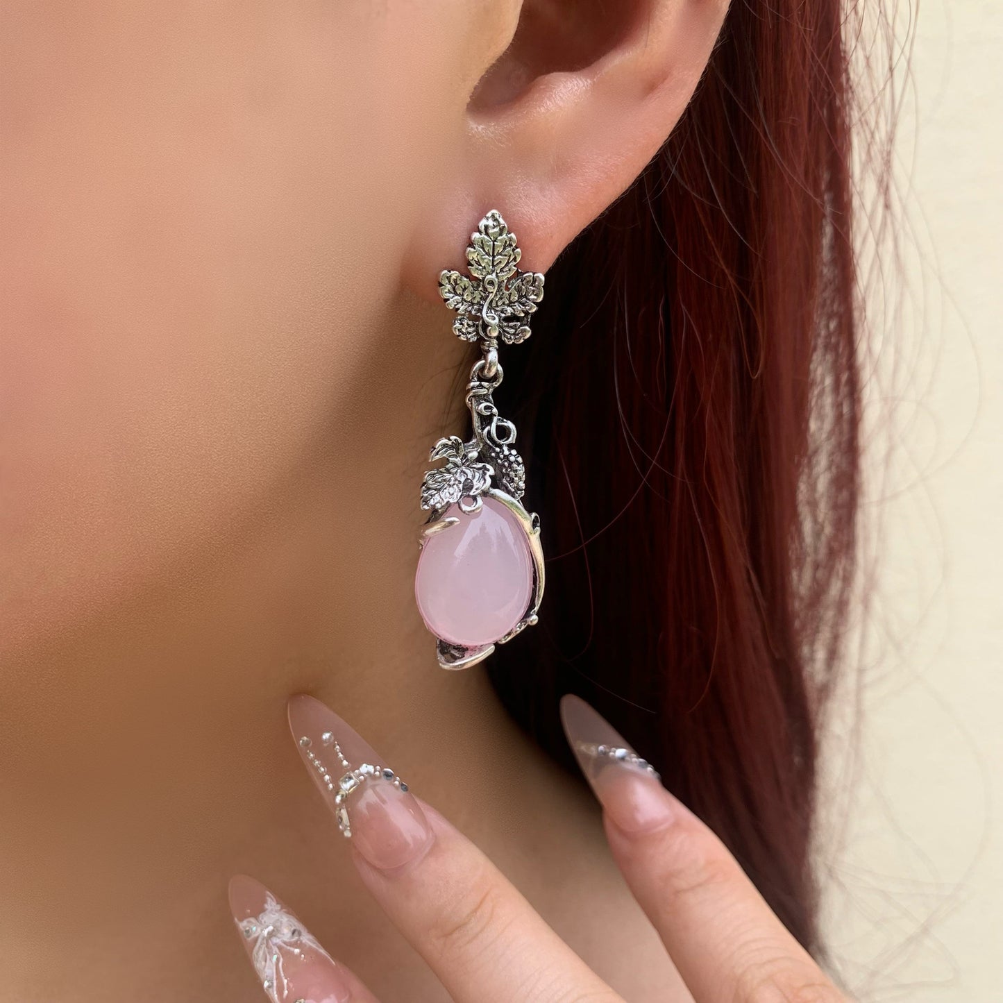 Rose Pink Drop Earrings | Silver Leaf Dangle Earrings | Boho Vintage Handmade Jewelry | Nature Inspired Earrings| Gift for Her