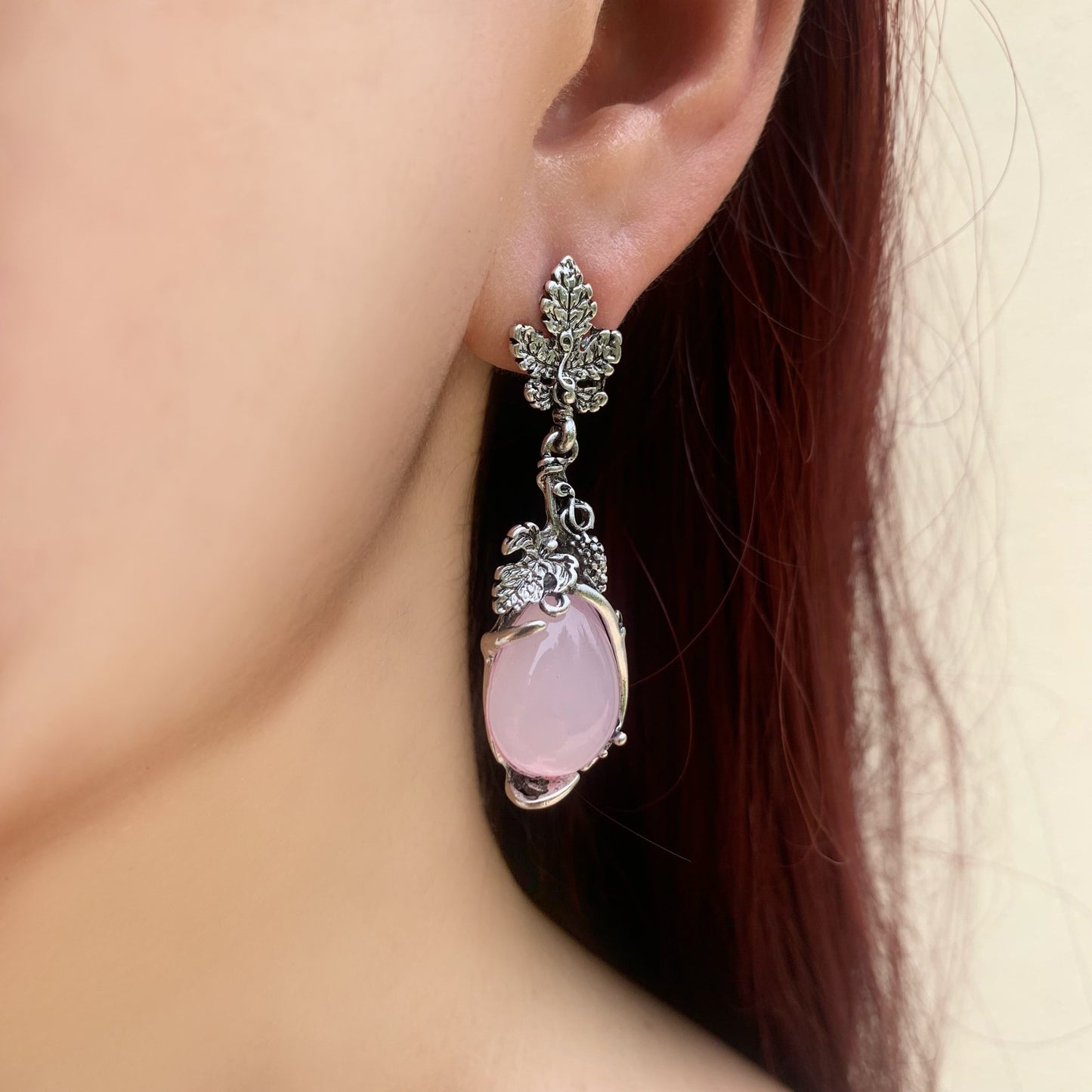 Rose Pink Drop Earrings | Silver Leaf Dangle Earrings | Boho Vintage Handmade Jewelry | Nature Inspired Earrings| Gift for Her