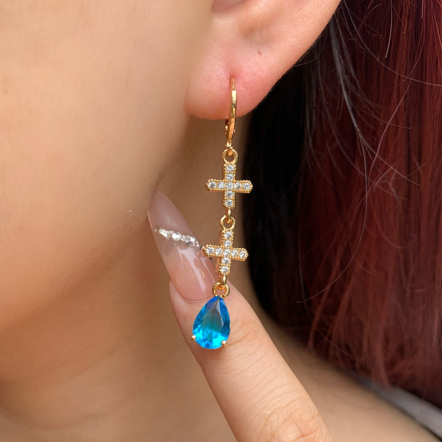 Cross Dangle Earrings with Blue Teardrop CZ | Long Drop Religious Earrings | Baptism Gift | Wedding Earrings | Statement Earrings for Her