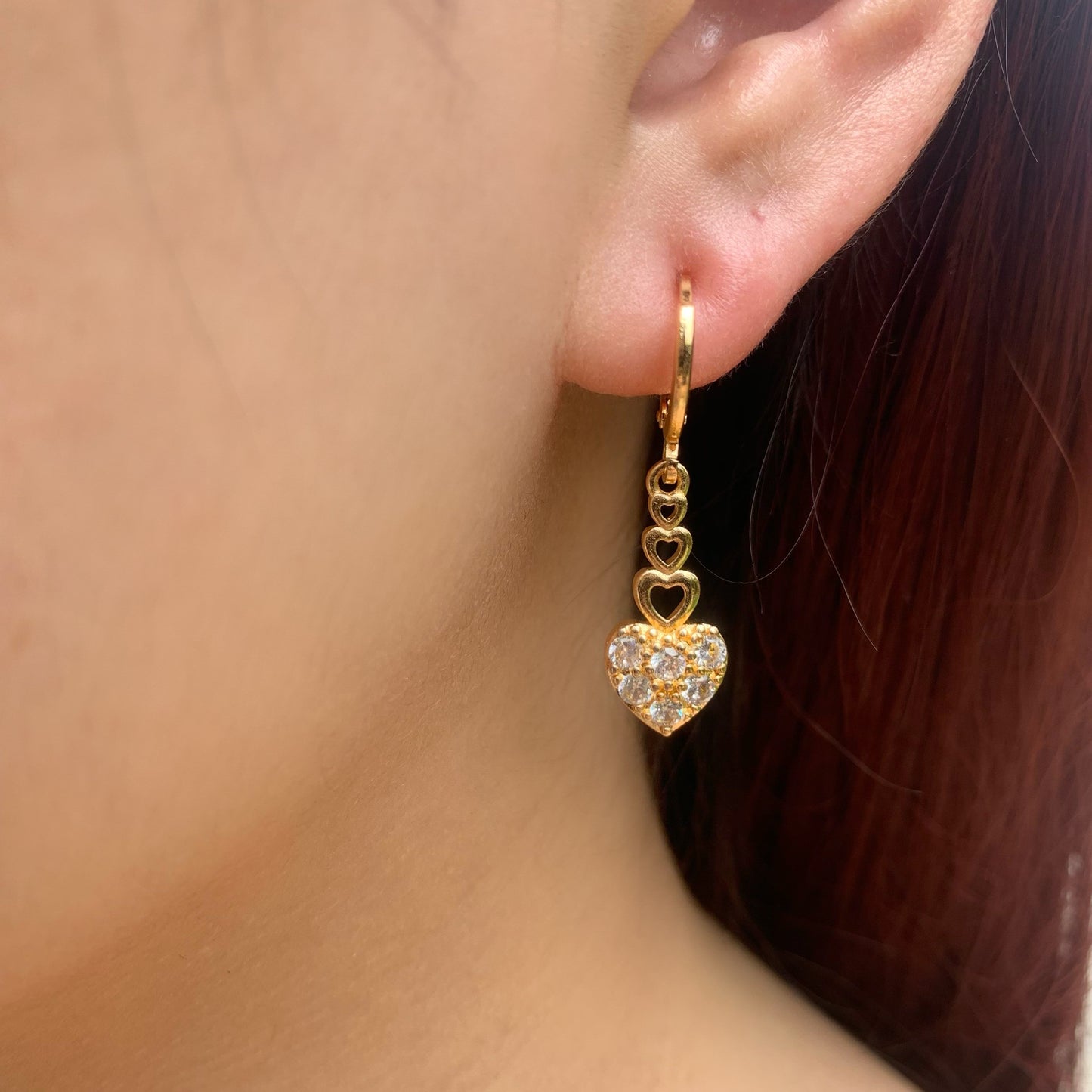 Gold Heart Dangle Earrings | Y2K Cute Linked Heart Chain | Lightweight CZ Drop Earrings | Romantic Everyday Earrings | Dainty Gift for Her
