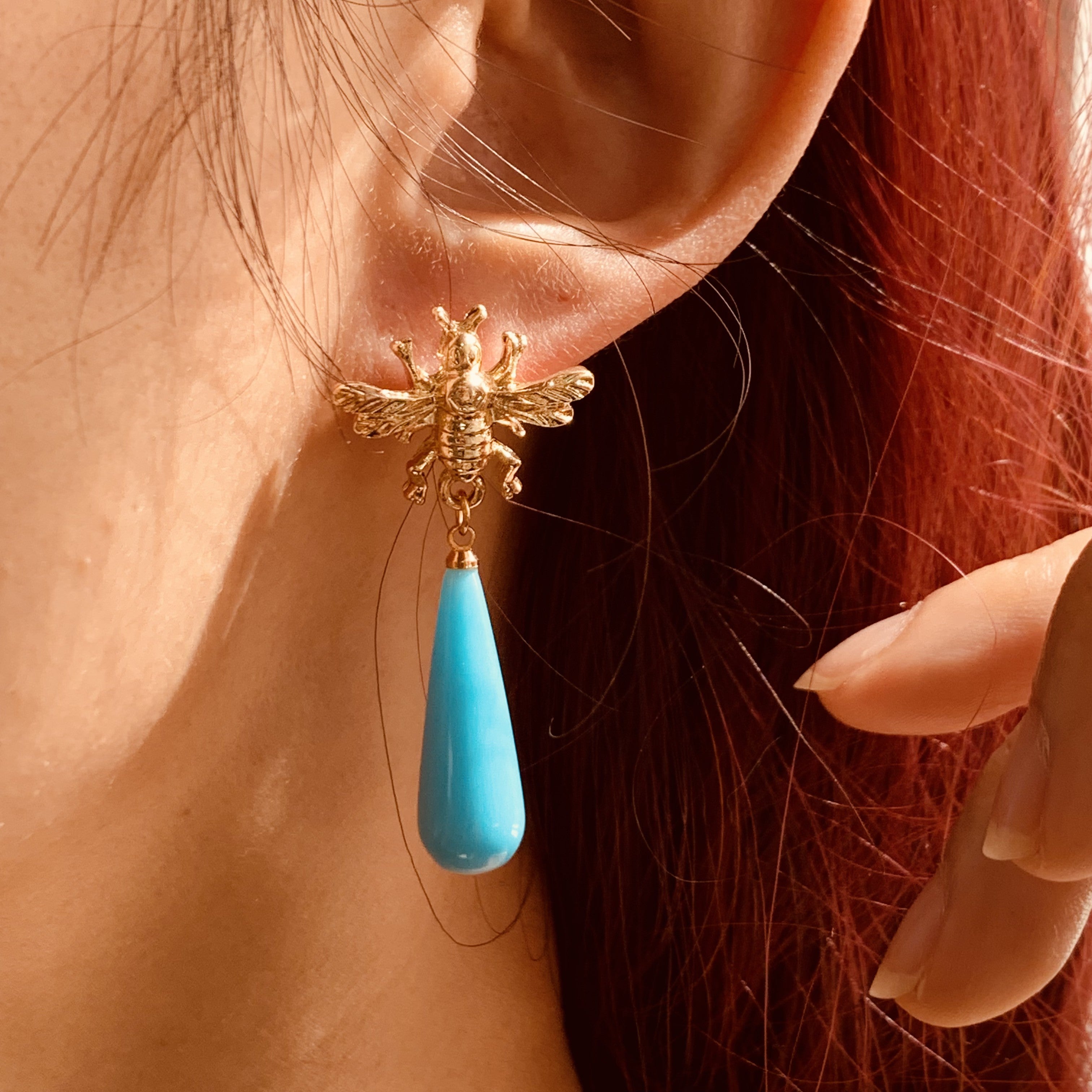 Gold Bee & Blue Waterdrop Earrings