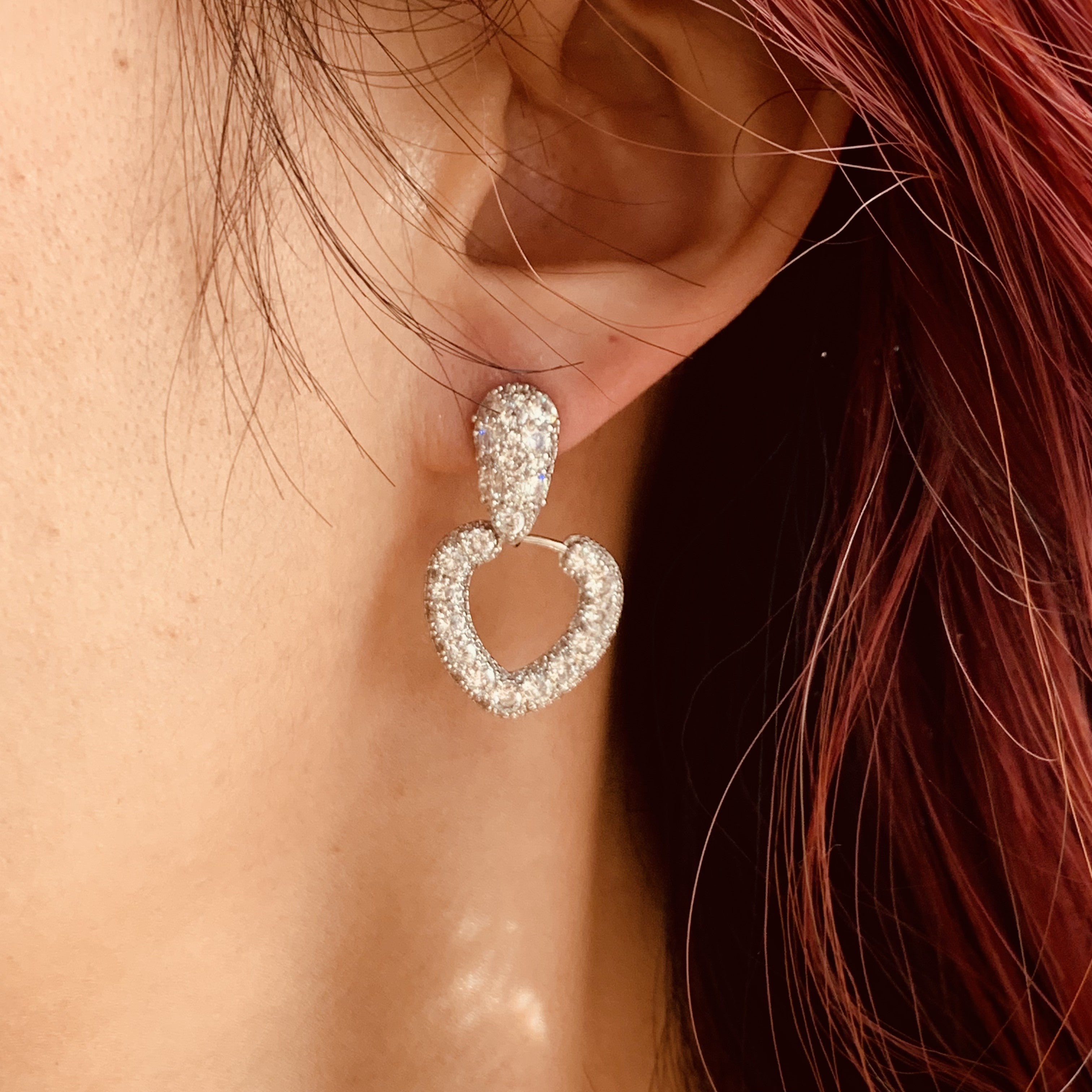 Sparkling Silver Heart Dangle Earrings