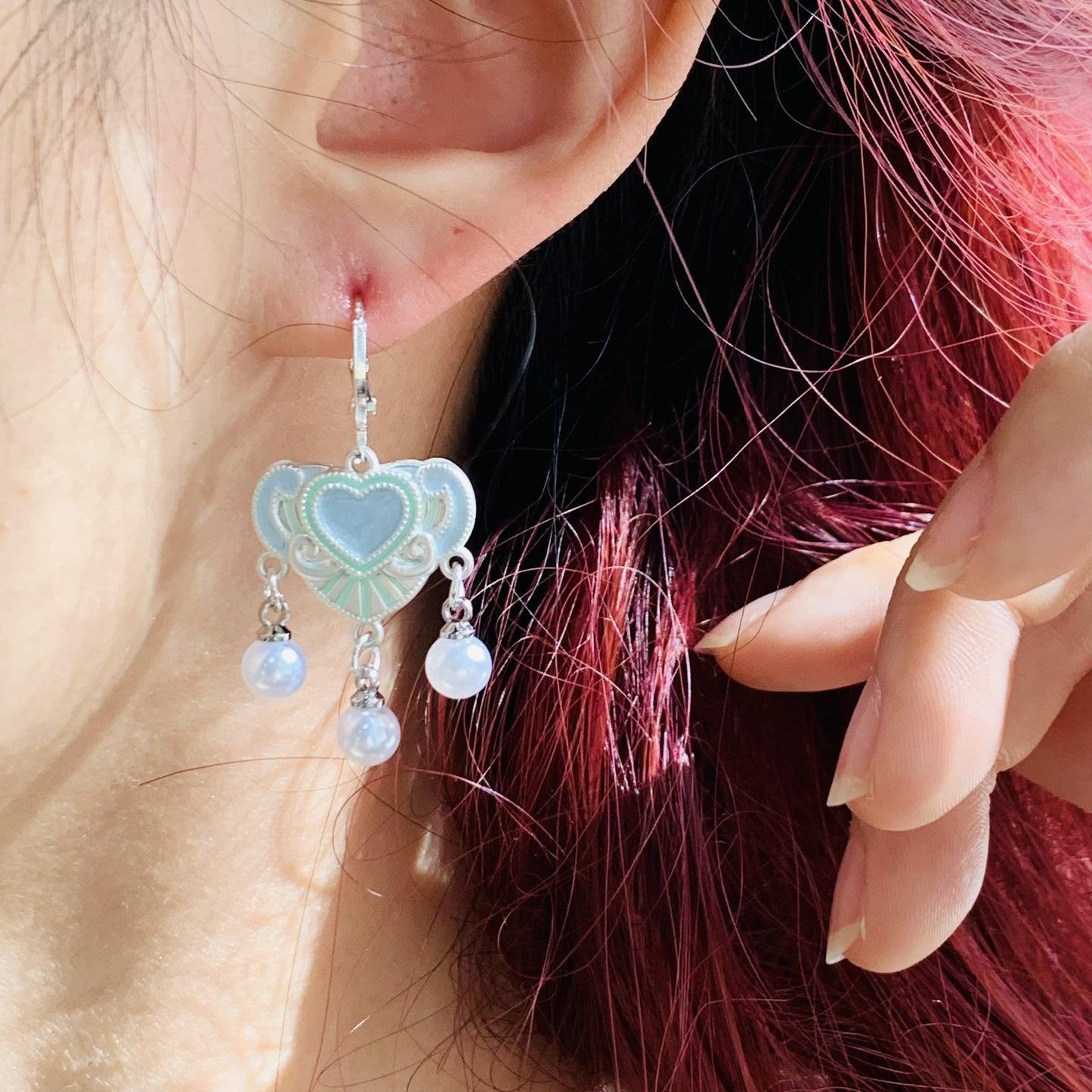 Cute Heart Pearl Dangle Earrings | Silver Drop Earrings For Girls | Handmade Y2K Sweet Jewelry | Sparkly Coquette Earrings | Gift for Her