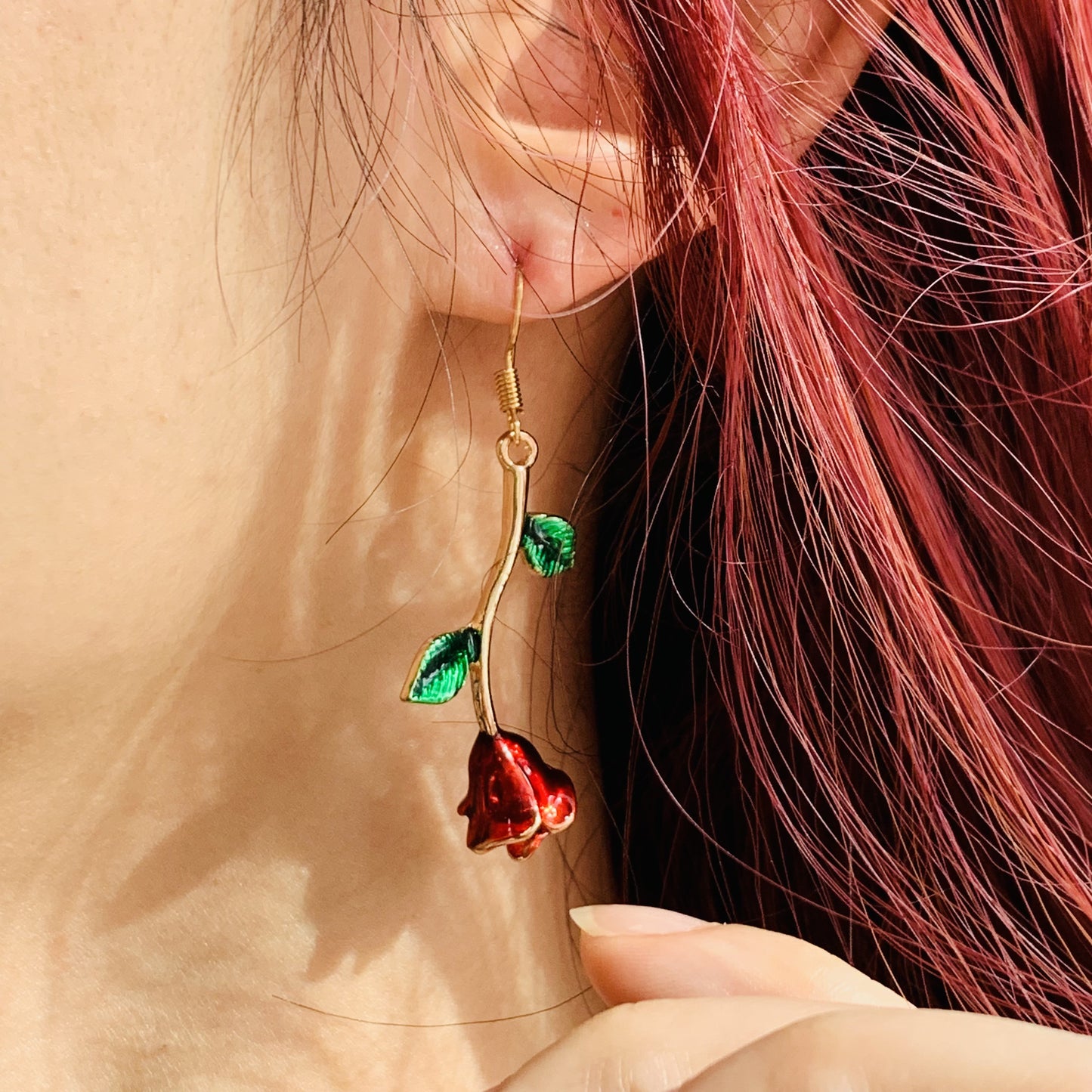Blooming Rose Drop Earrings | Red Floral Botanical Dangle Earrings with Green Leaves | Romantic Nature Inspired Jewelry | Gift for Her