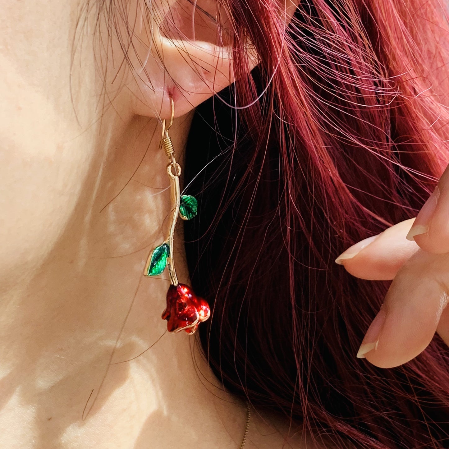 Blooming Rose Drop Earrings | Red Floral Botanical Dangle Earrings with Green Leaves | Romantic Nature Inspired Jewelry | Gift for Her