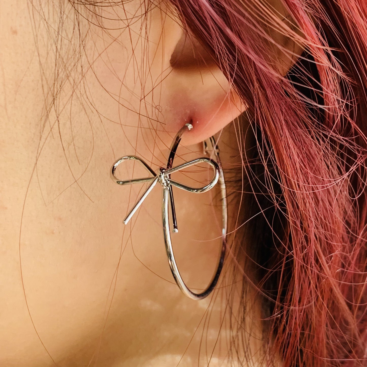 Bestie Set --- Handmade Dainty Silver & Golden Ribbon Bow Hoop Earrings | Medium Hoop Earrings | Minimalist Bow Tie Earrings | Cute Gift for Her | Trendy Best Friend Jewelry