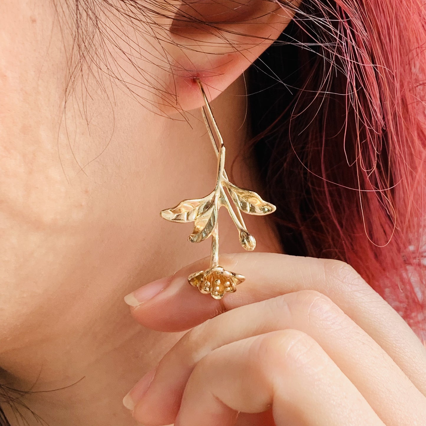 Gold Freesia Flower Earrings | Floral Botanical Drop Earrings | Nature Inspired Dangle Earrings | Handmade Elegant Earrings | Gift for Her