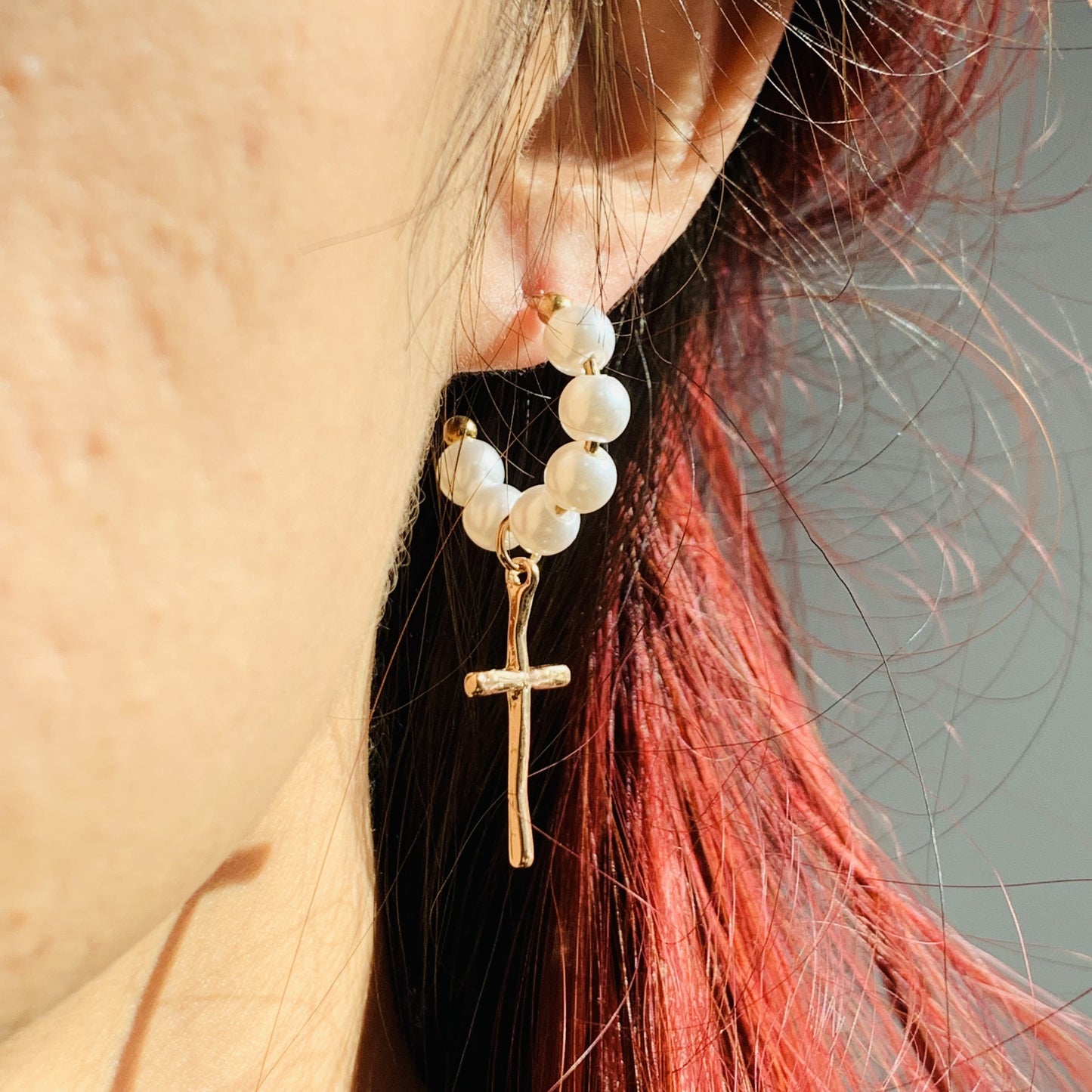 Gold Cross Drop Earrings With White Pearl | Dangle Earrings | Cross Open Hoop Earrings | Religious Jewelry | Faith Earrings | Gift for Her