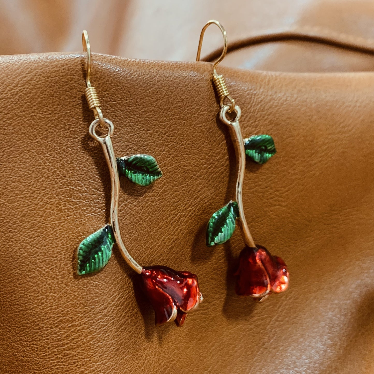 Blooming Rose Drop Earrings | Red Floral Botanical Dangle Earrings with Green Leaves | Romantic Nature Inspired Jewelry | Gift for Her