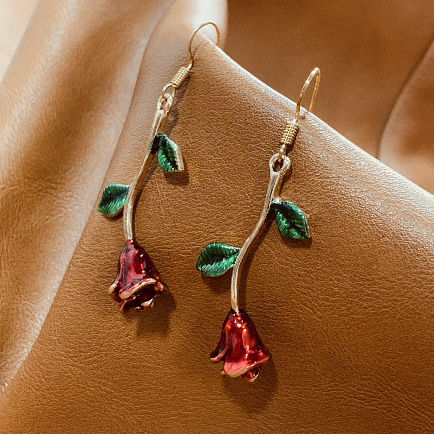 Blooming Rose Drop Earrings | Red Floral Botanical Dangle Earrings with Green Leaves | Romantic Nature Inspired Jewelry | Gift for Her