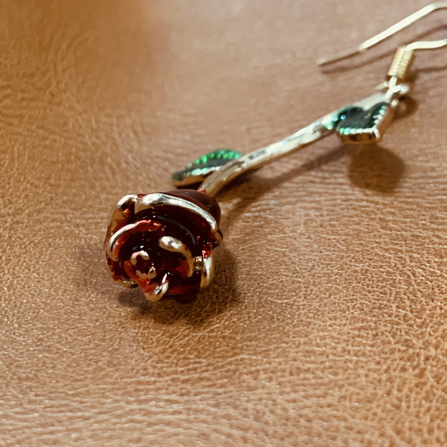Blooming Rose Drop Earrings | Red Floral Botanical Dangle Earrings with Green Leaves | Romantic Nature Inspired Jewelry | Gift for Her