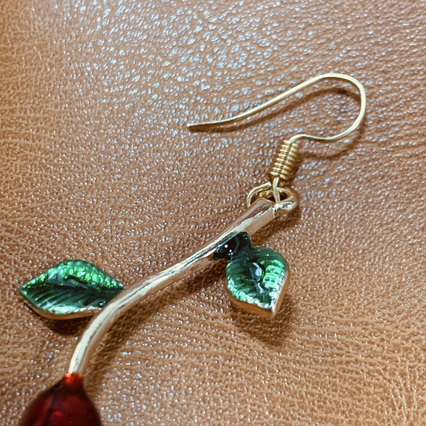 Blooming Rose Drop Earrings | Red Floral Botanical Dangle Earrings with Green Leaves | Romantic Nature Inspired Jewelry | Gift for Her