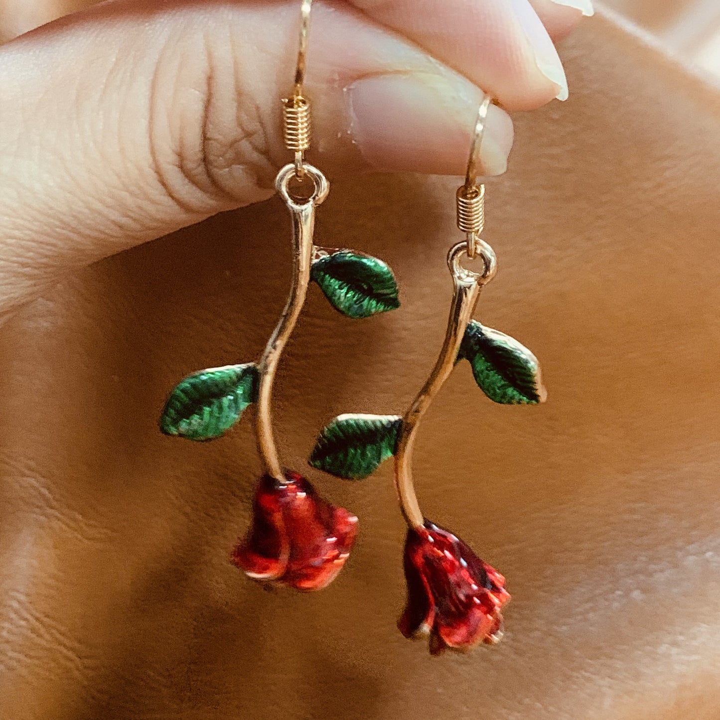Blooming Rose Drop Earrings | Red Floral Botanical Dangle Earrings with Green Leaves | Romantic Nature Inspired Jewelry | Gift for Her