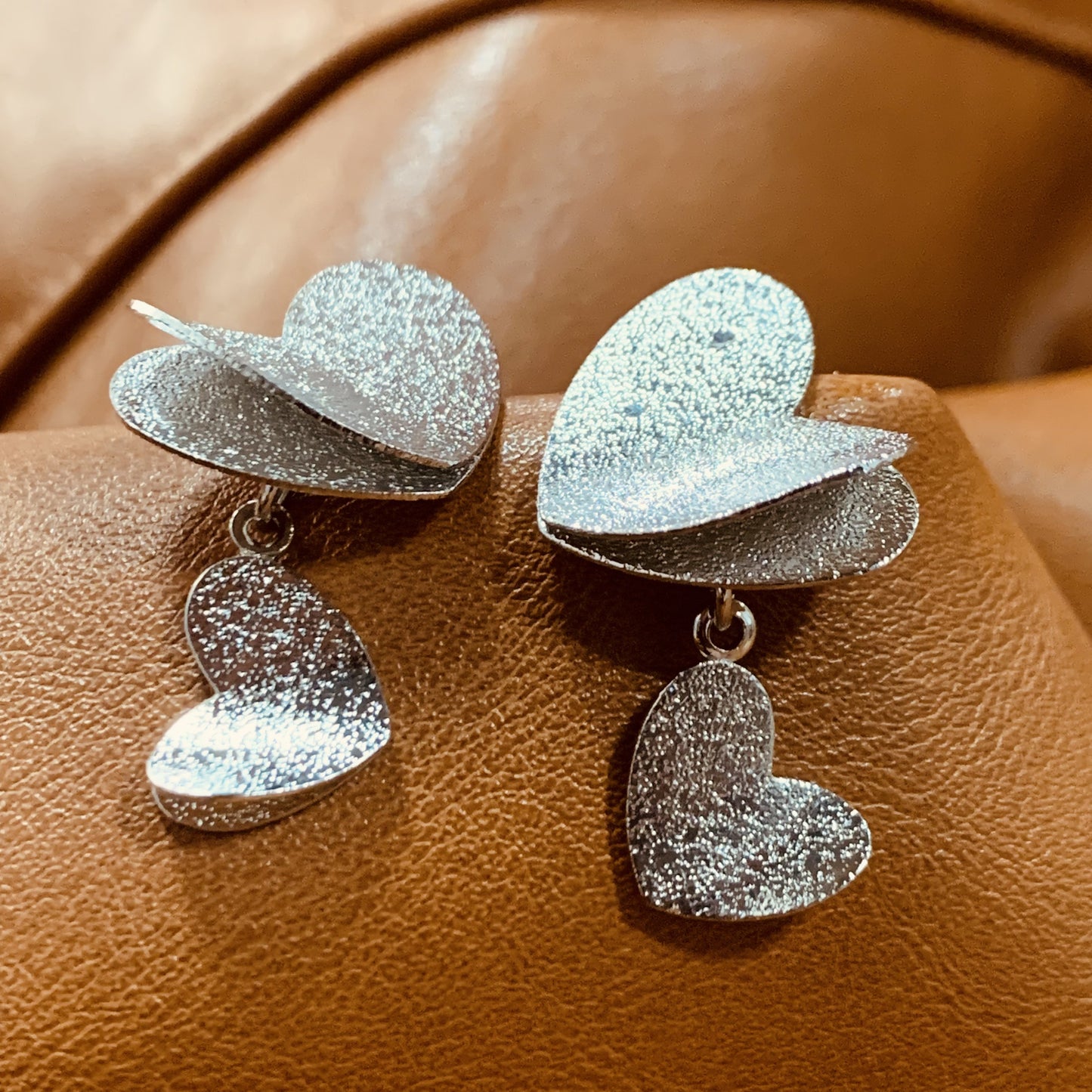 Layered Double Heart Earrings | Glitter Matte Silver Drop Earrings That Flutter Like Butterfly Wings | Dainty Minimalist | Gift for Her
