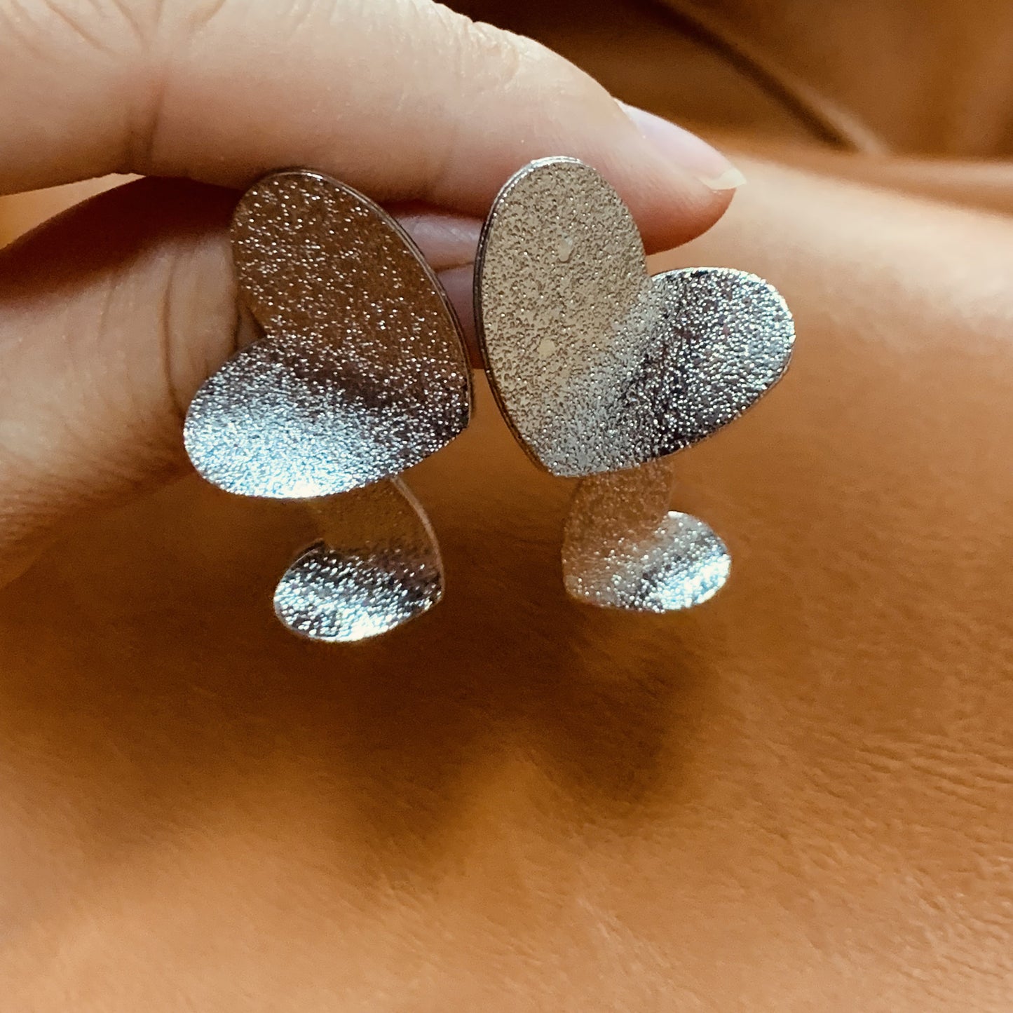 Layered Double Heart Earrings | Glitter Matte Silver Drop Earrings That Flutter Like Butterfly Wings | Dainty Minimalist | Gift for Her