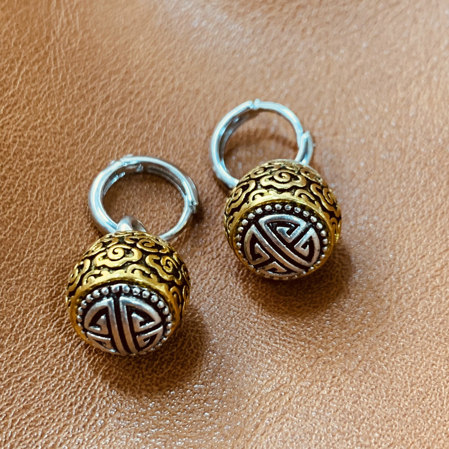 Bohemian Gold Ball Jewelry Set | Vintage Leverback Earrings + Hand-Carved Pendant | Mixed Metal Boho Gift Set | Unisex Ethnic Style
