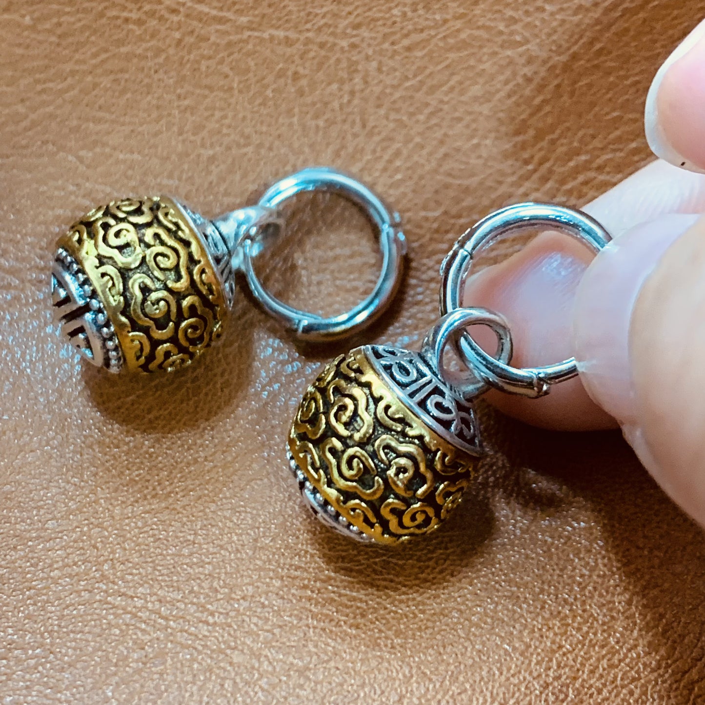 Bohemian Gold Ball Jewelry Set | Vintage Leverback Earrings + Hand-Carved Pendant | Mixed Metal Boho Gift Set | Unisex Ethnic Style