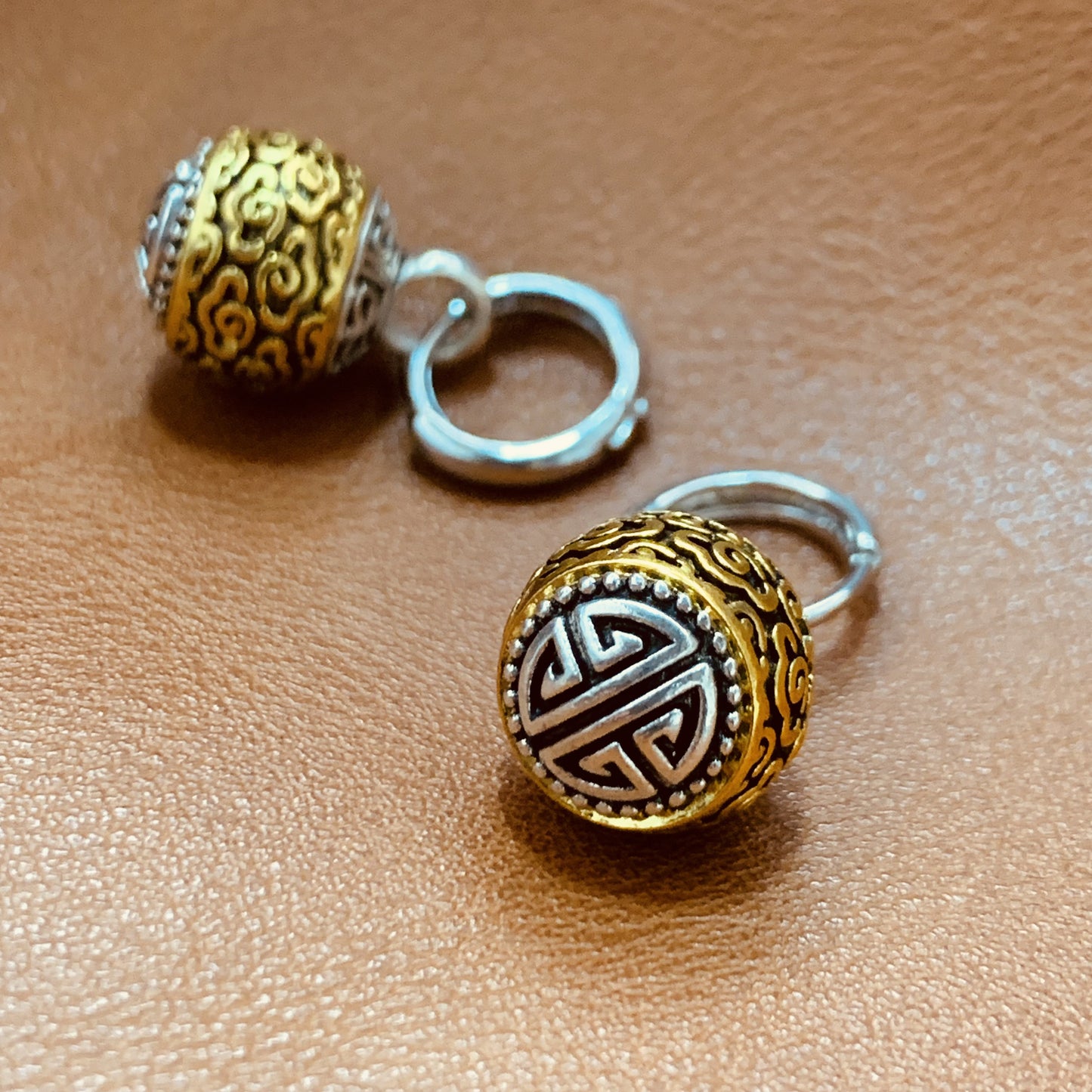 Bohemian Gold Ball Jewelry Set | Vintage Leverback Earrings + Hand-Carved Pendant | Mixed Metal Boho Gift Set | Unisex Ethnic Style