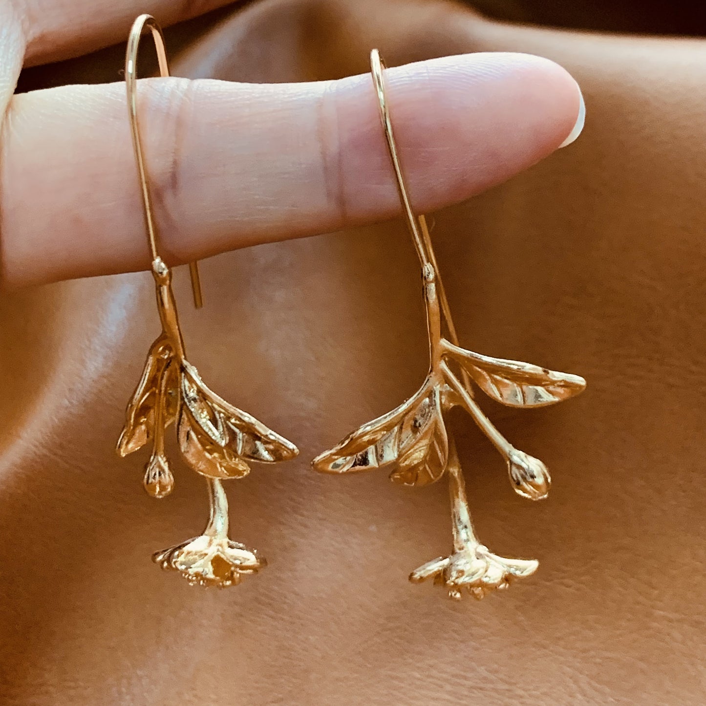 Gold Freesia Flower Earrings | Floral Botanical Drop Earrings | Nature Inspired Dangle Earrings | Handmade Elegant Earrings | Gift for Her