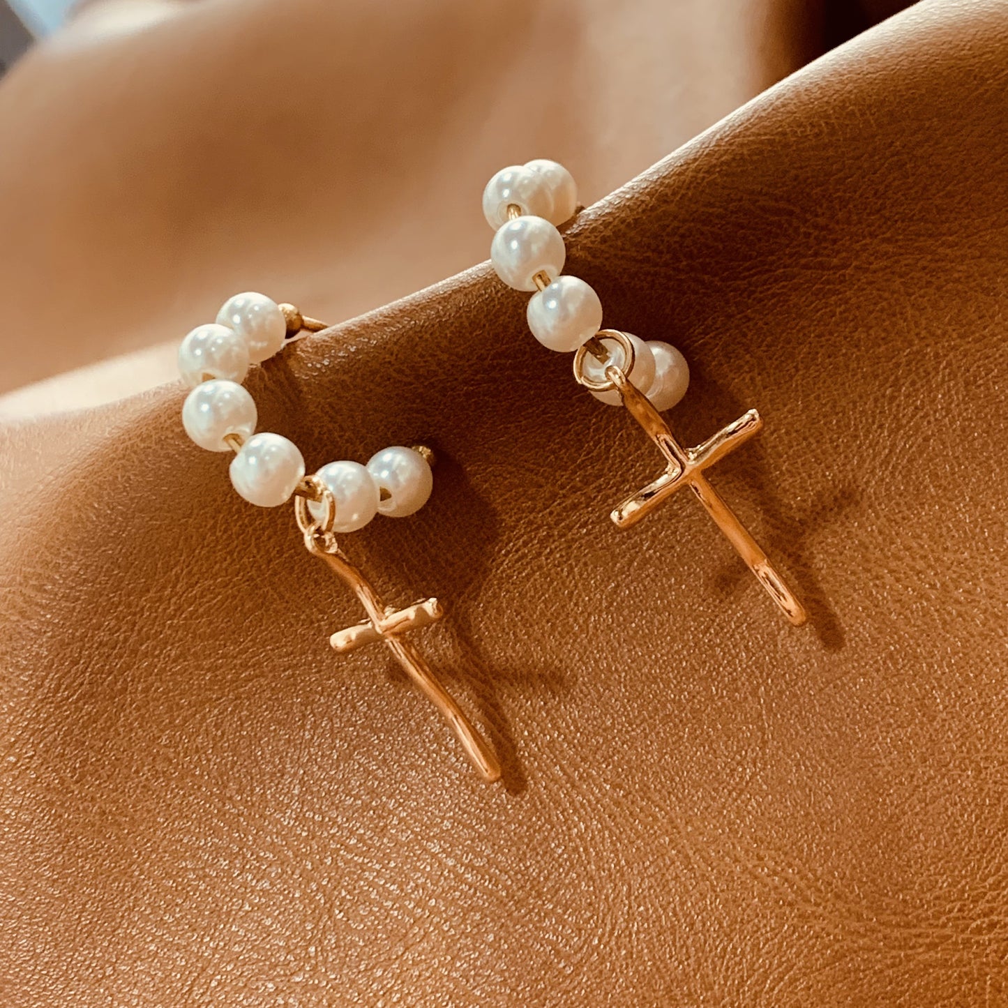 Gold Cross Drop Earrings With White Pearl | Dangle Earrings | Cross Open Hoop Earrings | Religious Jewelry | Faith Earrings | Gift for Her