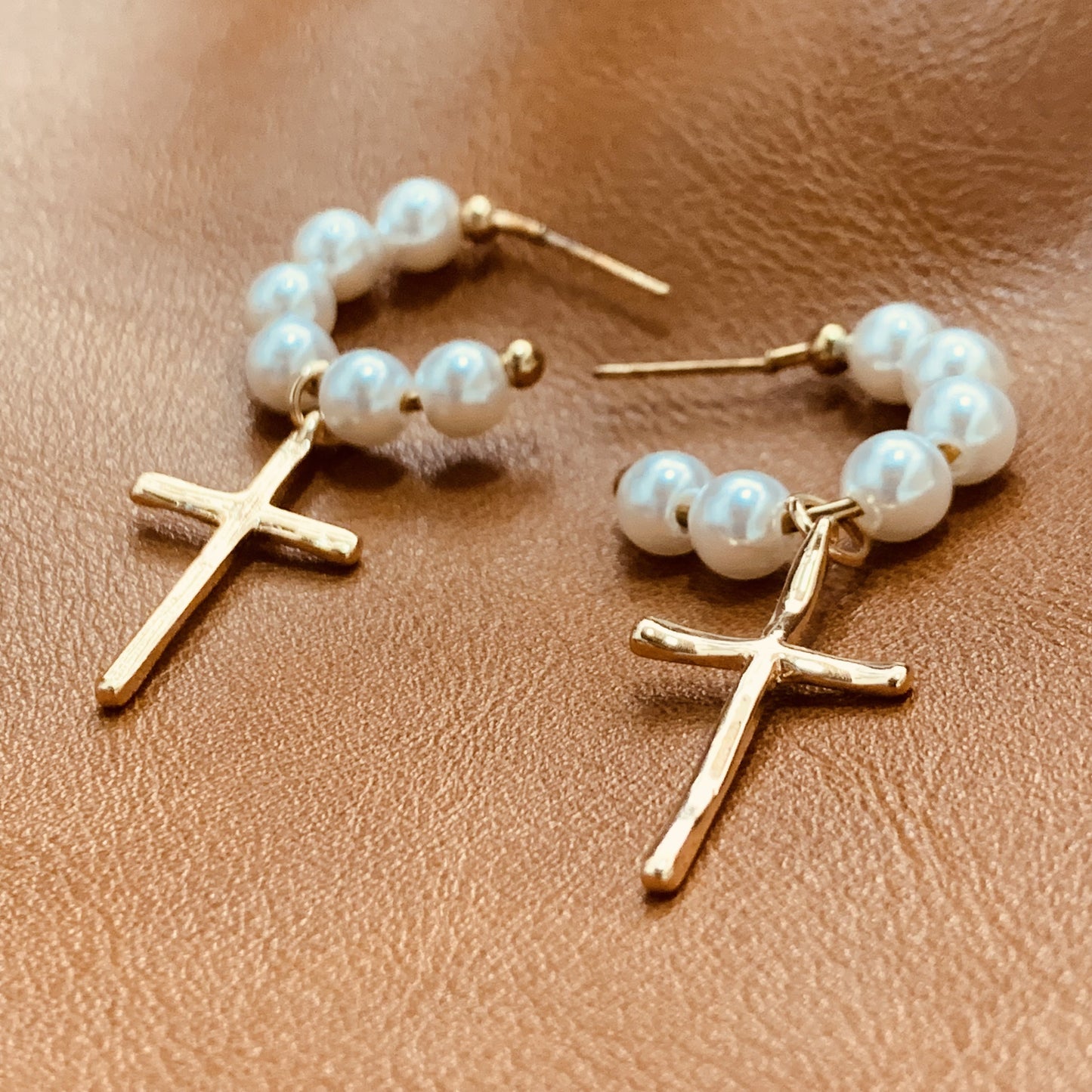 Gold Cross Drop Earrings With White Pearl | Dangle Earrings | Cross Open Hoop Earrings | Religious Jewelry | Faith Earrings | Gift for Her