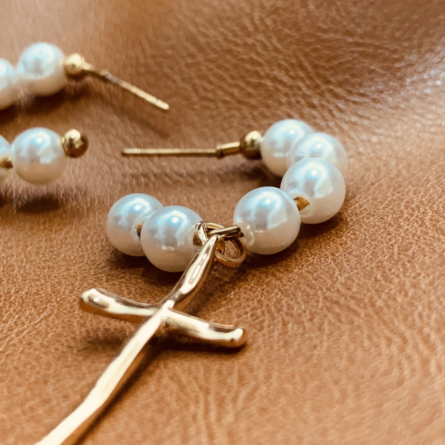 Gold Cross Drop Earrings With White Pearl | Dangle Earrings | Cross Open Hoop Earrings | Religious Jewelry | Faith Earrings | Gift for Her