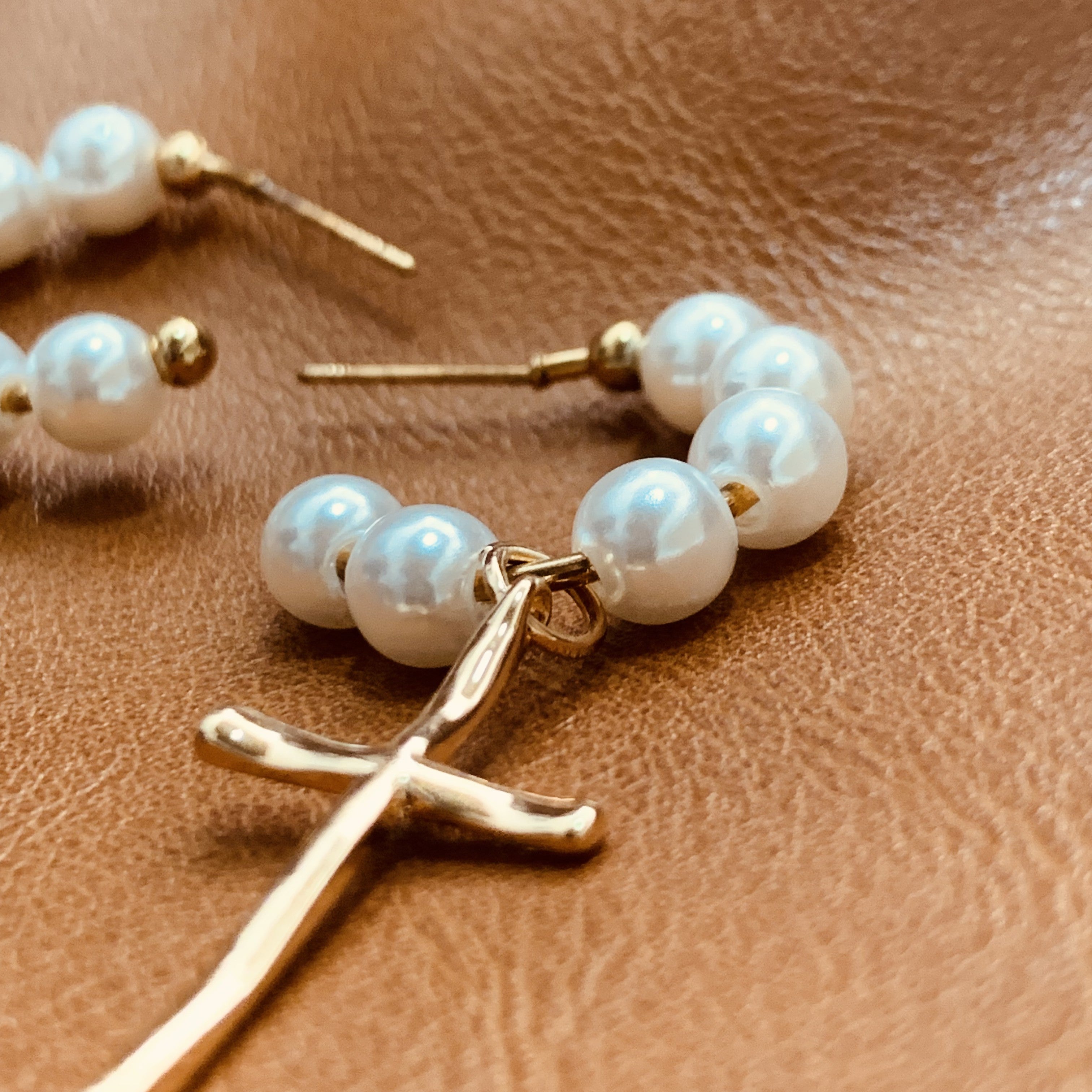 Pearl Cross Drop Earrings