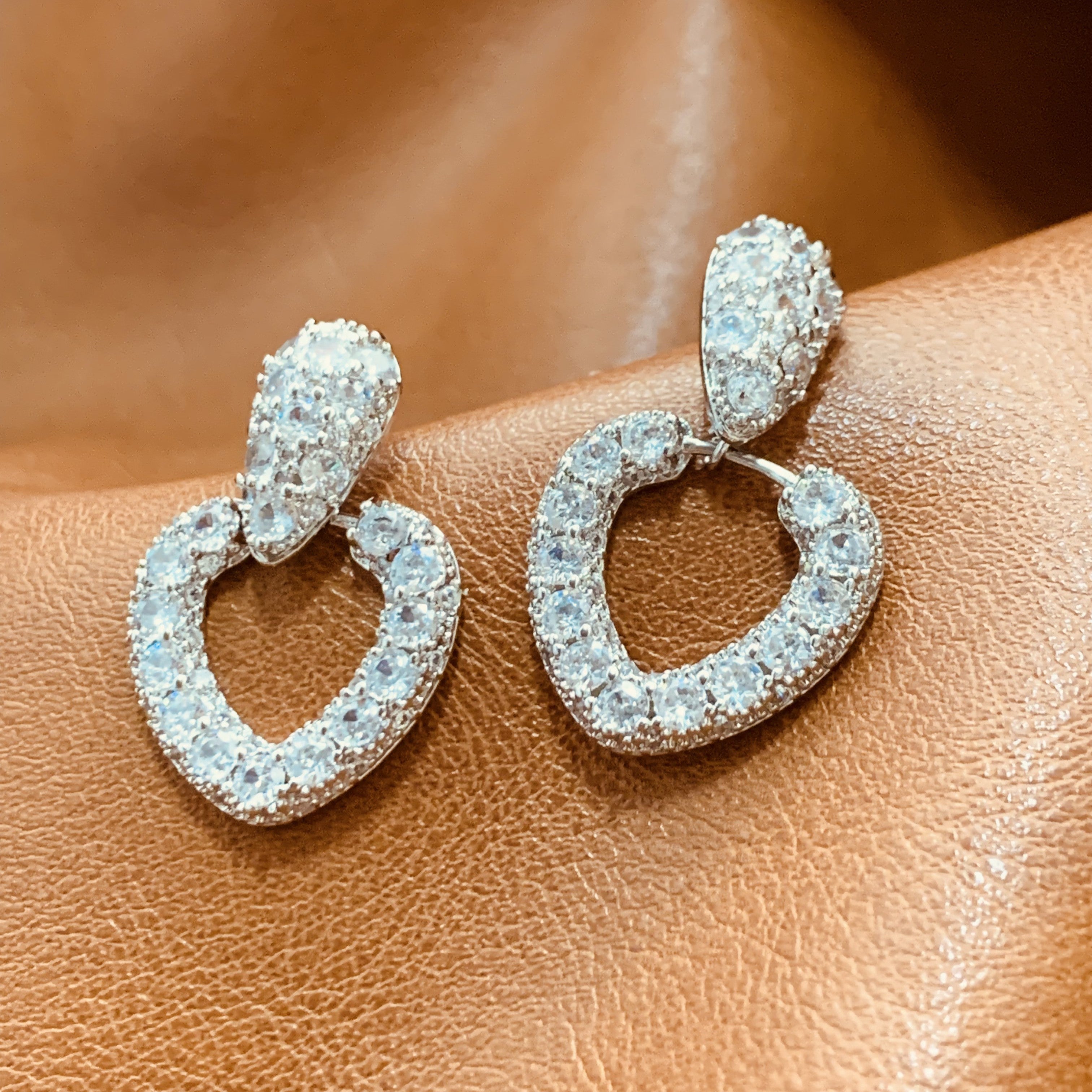 Sparkling Silver Heart Dangle Earrings