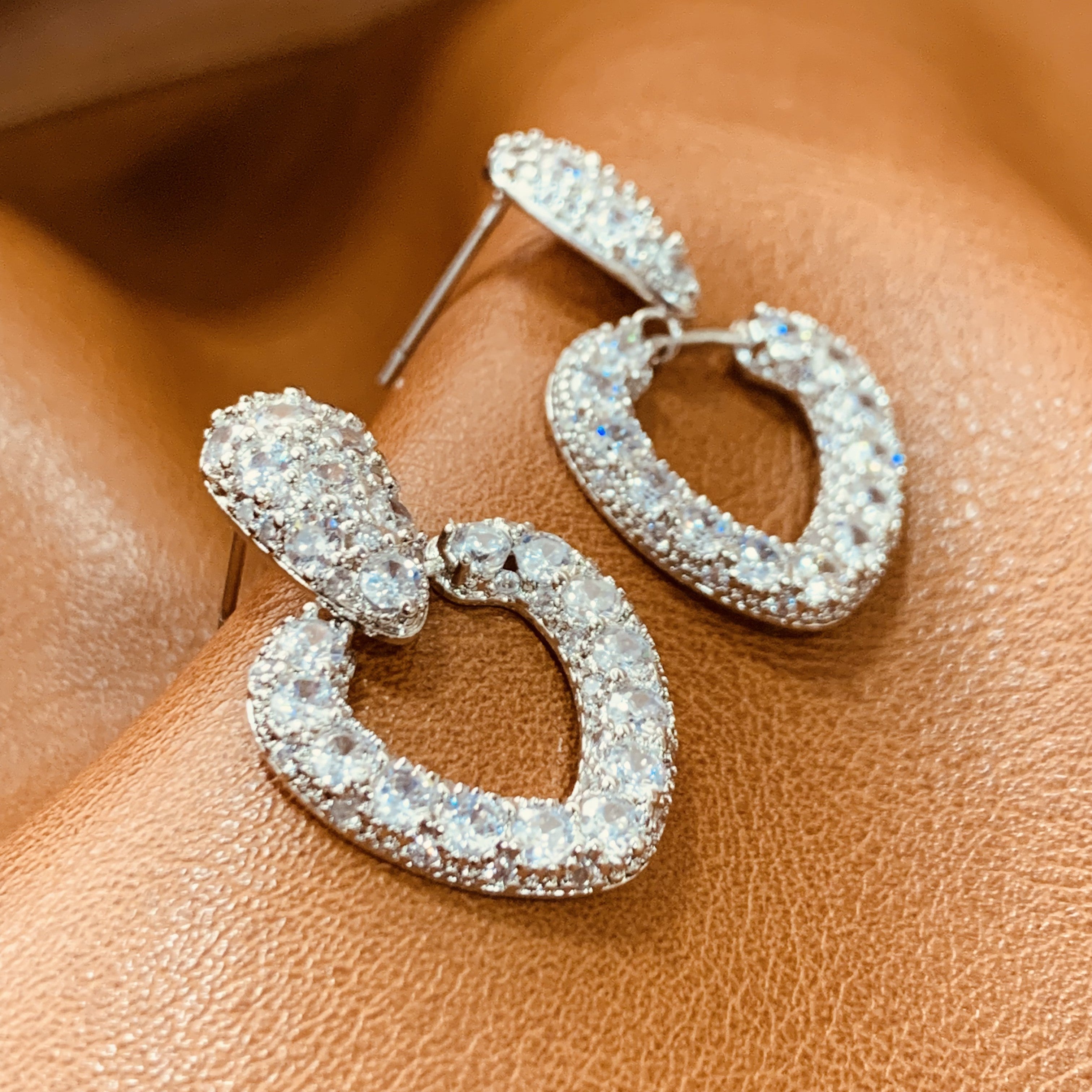 Sparkling Silver Heart Dangle Earrings