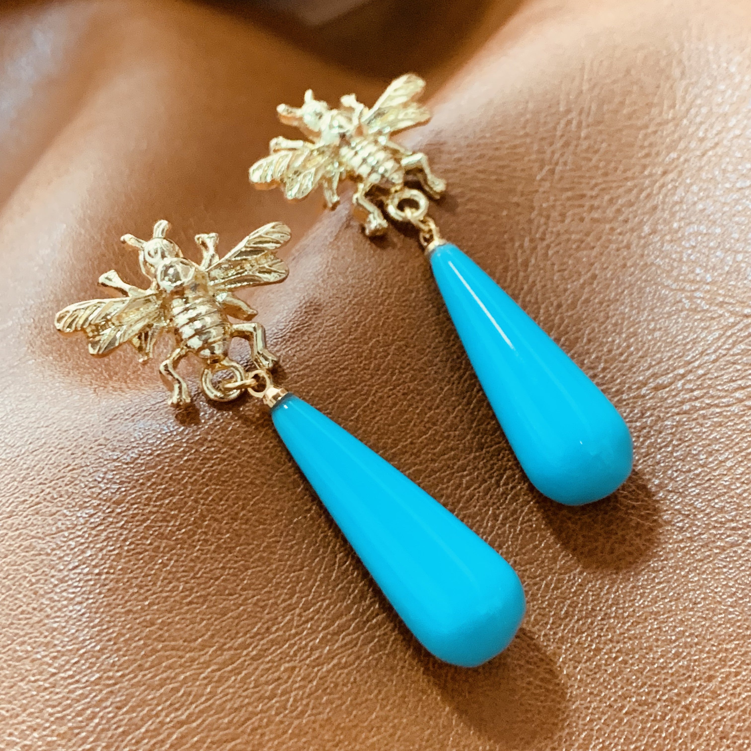 Gold Bee & Blue Waterdrop Earrings