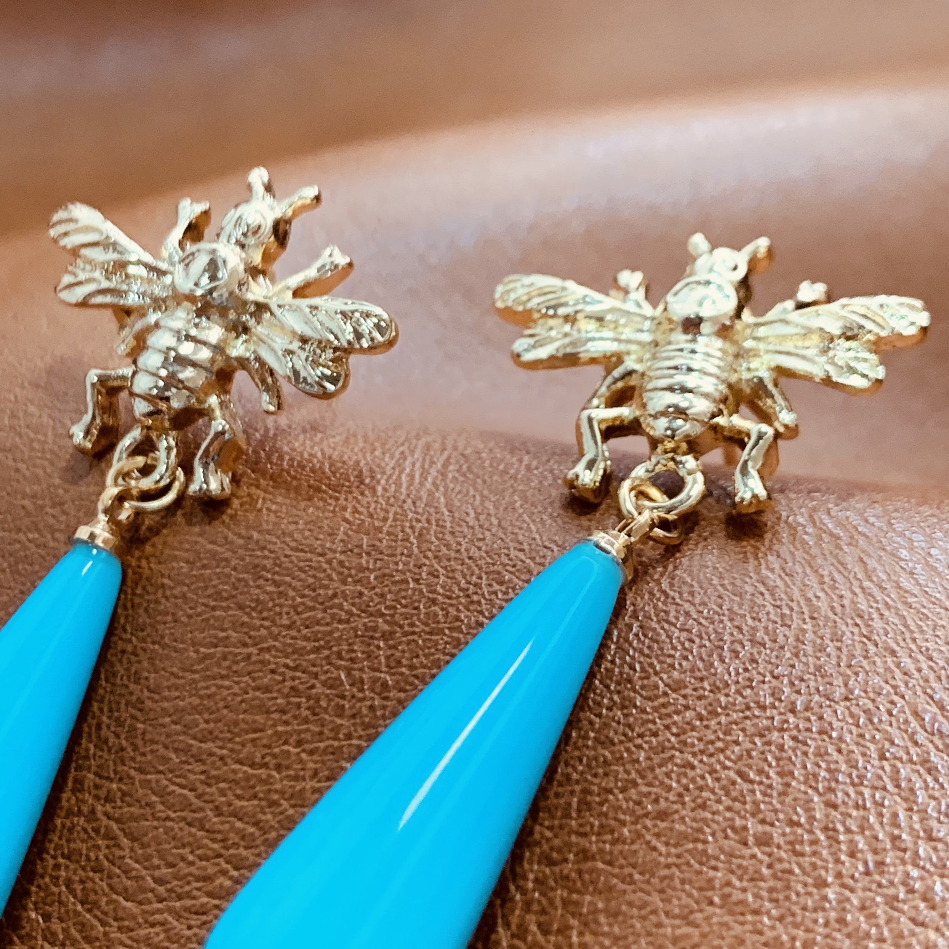 Gold Bee & Blue Waterdrop Earrings