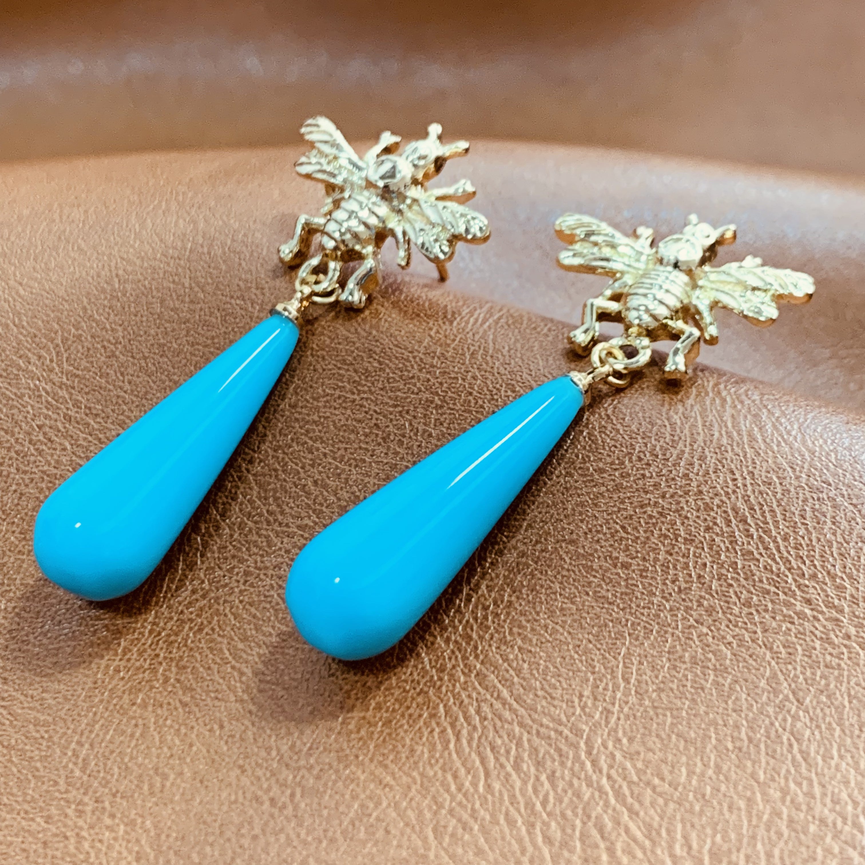 Gold Bee & Blue Waterdrop Earrings