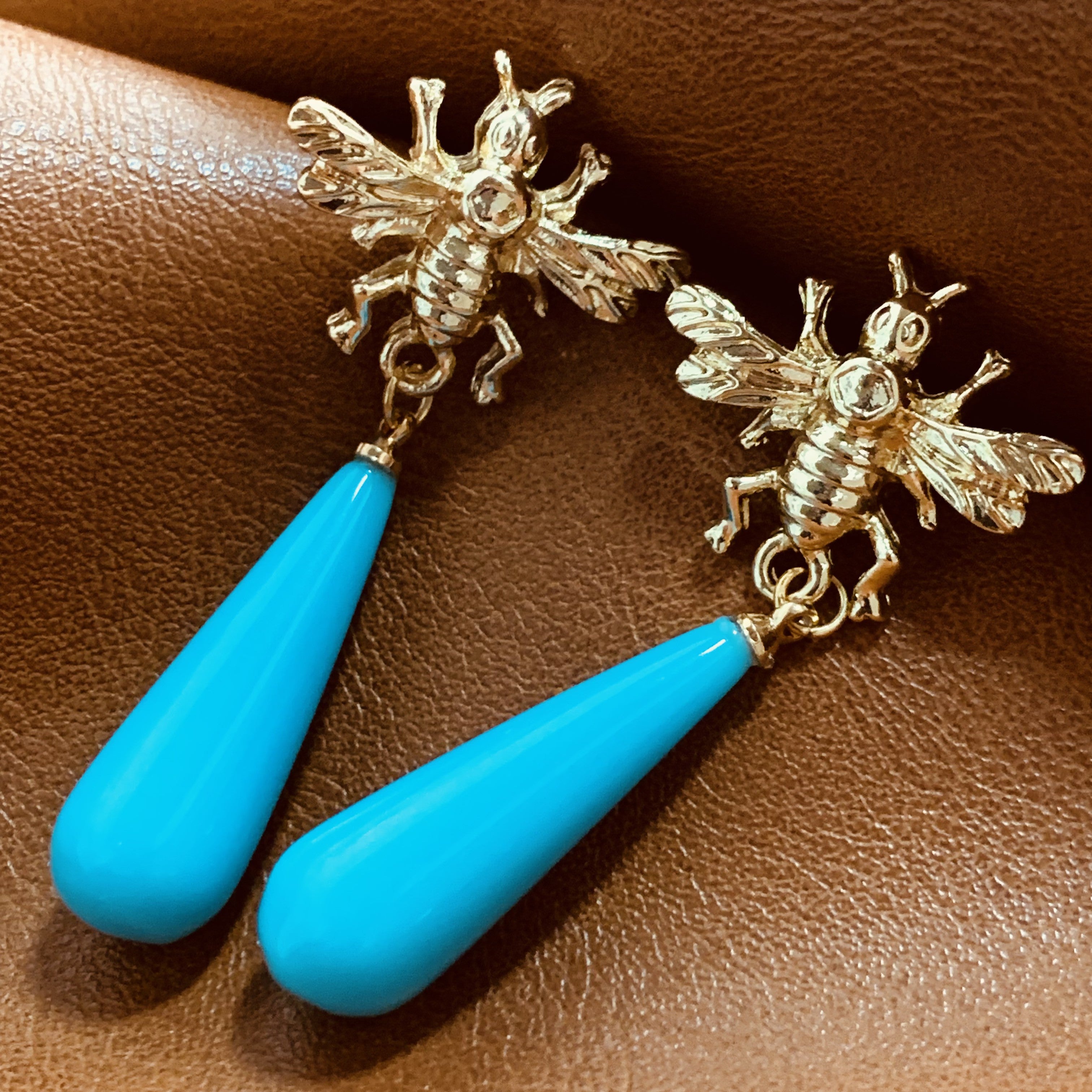 Gold Bee & Blue Waterdrop Earrings