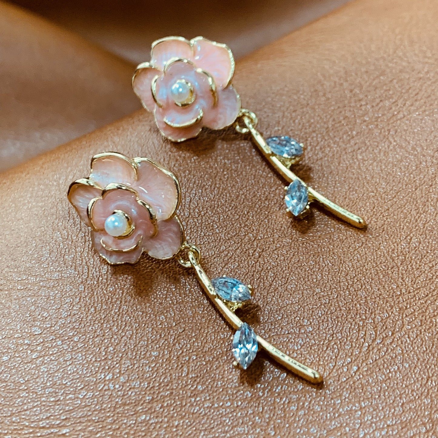 Camellia Flower Drop Earrings | Elegant Pink Floral Earrings | Gold Dangle Earrings with CZ Rhinestones | Gift for Her | Bridesmaid Jewelry