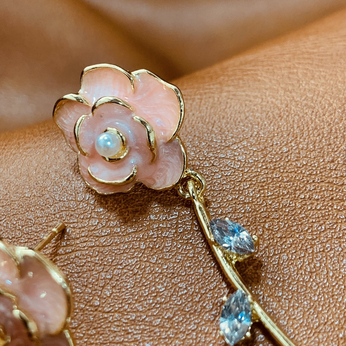 Camellia Flower Drop Earrings | Elegant Pink Floral Earrings | Gold Dangle Earrings with CZ Rhinestones | Gift for Her | Bridesmaid Jewelry