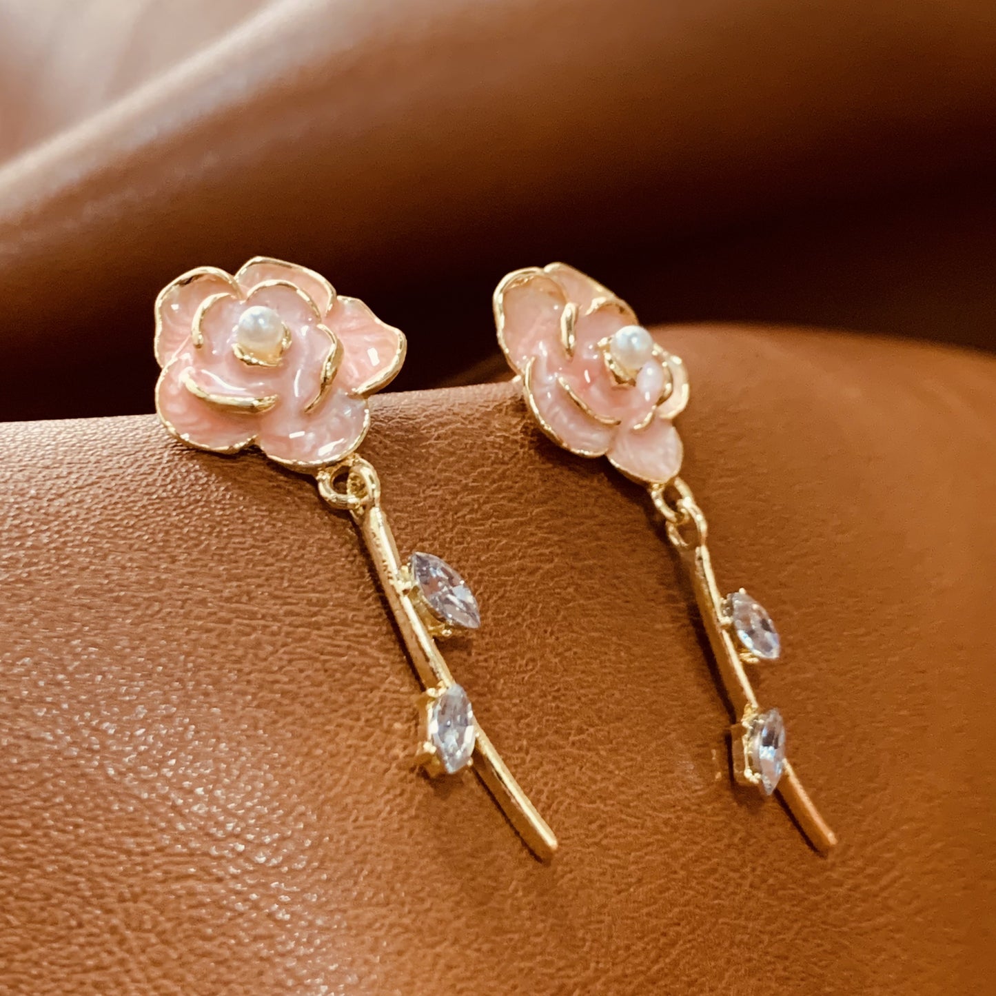 Camellia Flower Drop Earrings | Elegant Pink Floral Earrings | Gold Dangle Earrings with CZ Rhinestones | Gift for Her | Bridesmaid Jewelry