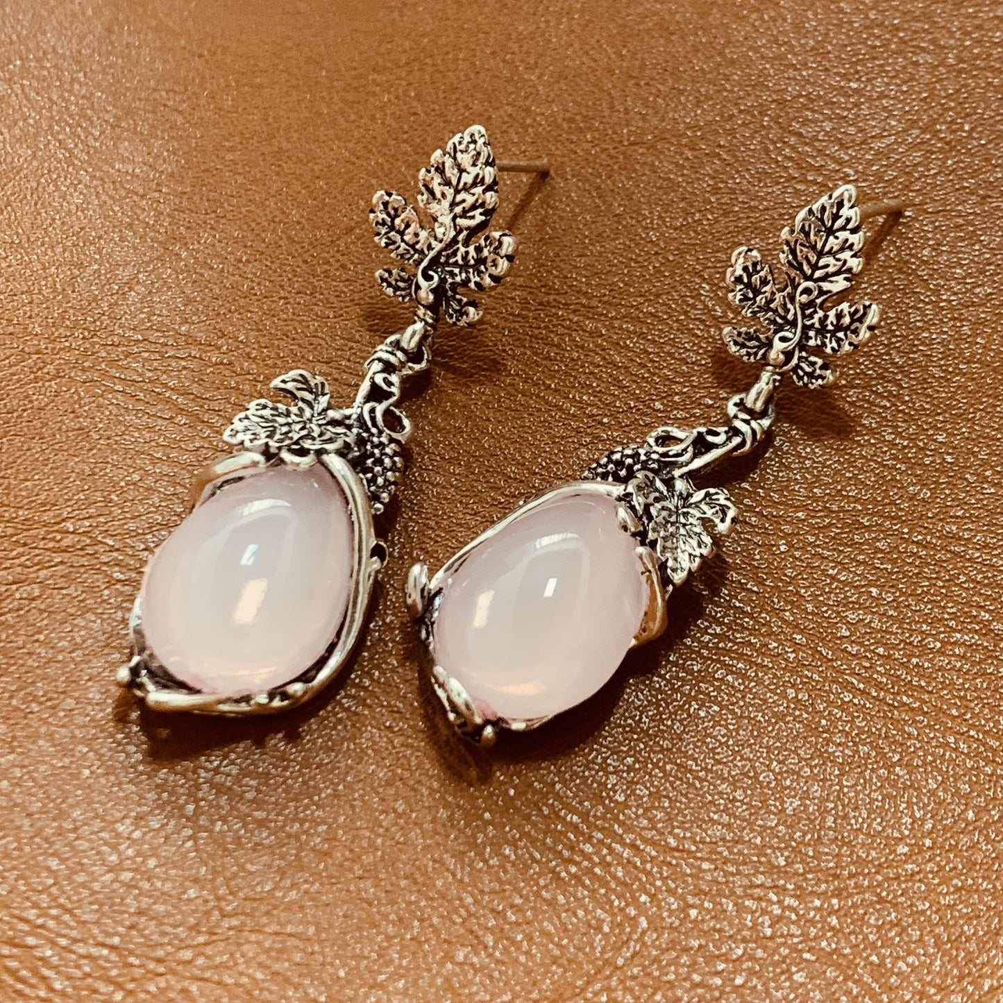 Rose Pink Drop Earrings | Silver Leaf Dangle Earrings | Boho Vintage Handmade Jewelry | Nature Inspired Earrings| Gift for Her
