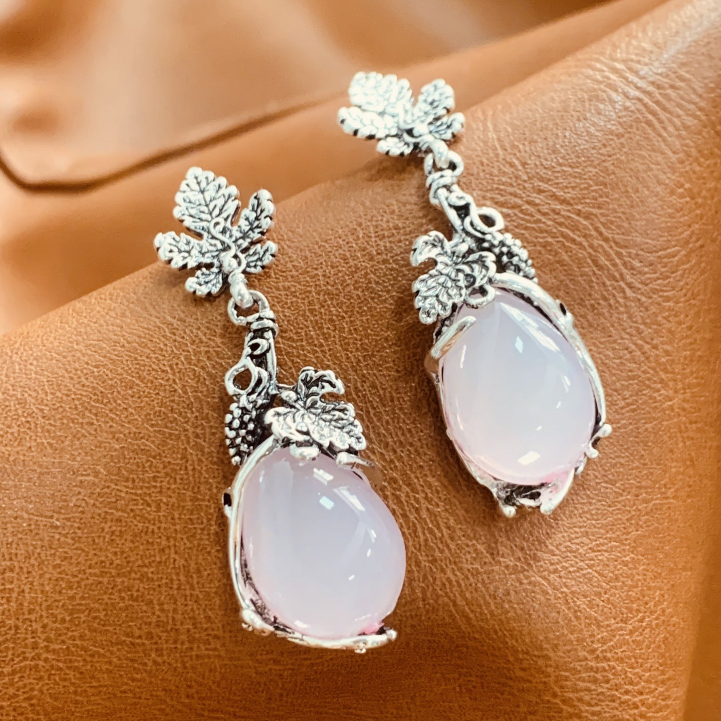 Rose Pink Drop Earrings | Silver Leaf Dangle Earrings | Boho Vintage Handmade Jewelry | Nature Inspired Earrings| Gift for Her