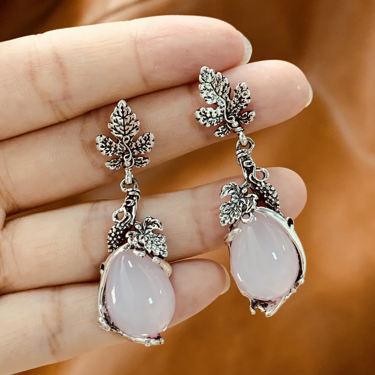 Rose Pink Drop Earrings | Silver Leaf Dangle Earrings | Boho Vintage Handmade Jewelry | Nature Inspired Earrings| Gift for Her
