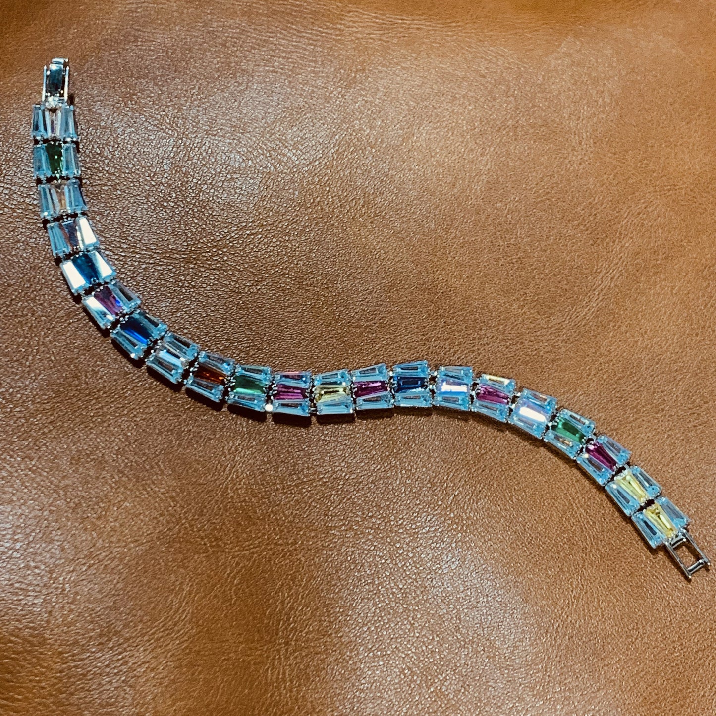 Sparkling Rainbow CZ Baguette Tennis Bracelet–6.3 Inches | Minimalist Multicolor Jewelry | Gift for Her & Best Friend