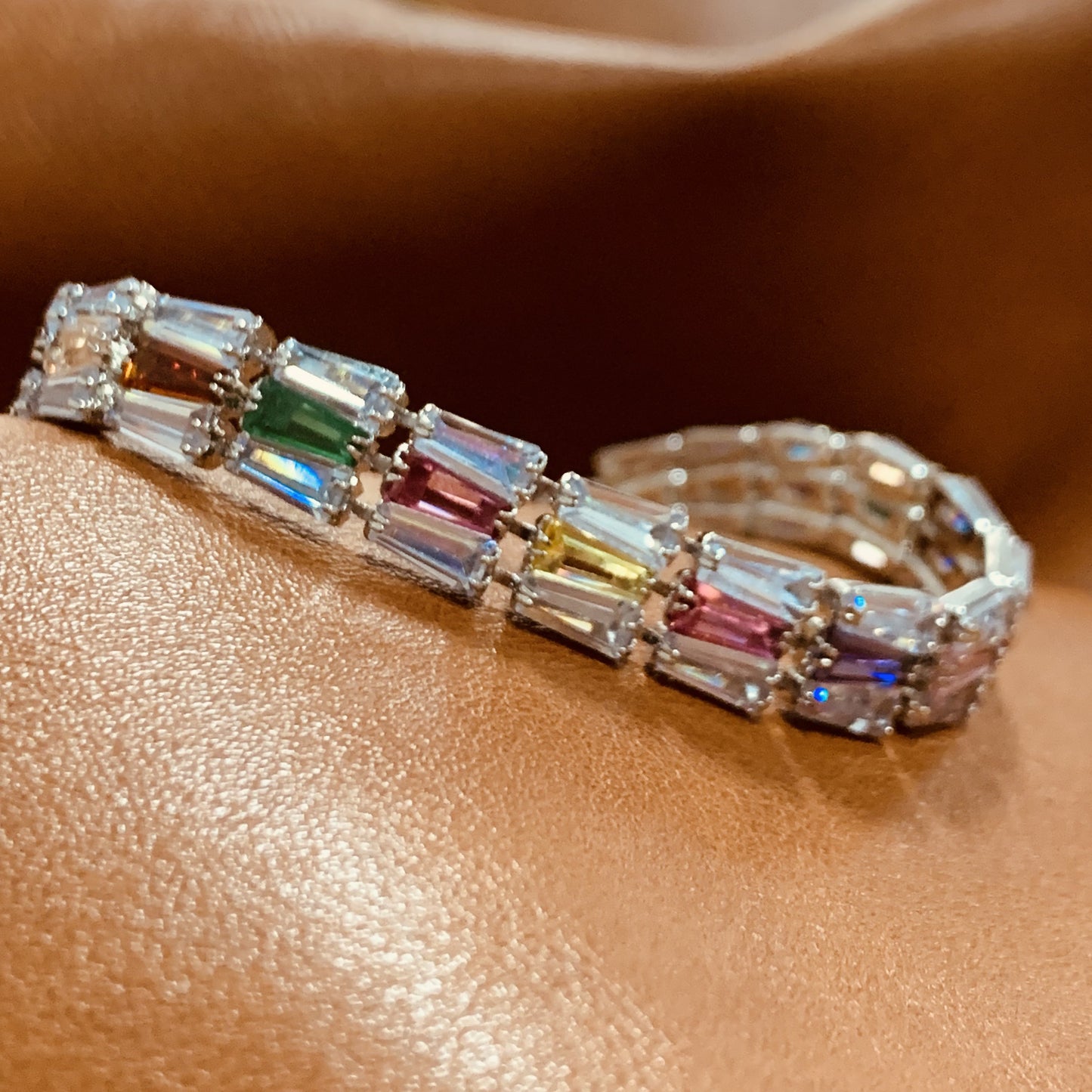 Sparkling Rainbow CZ Baguette Tennis Bracelet–6.3 Inches | Minimalist Multicolor Jewelry | Gift for Her & Best Friend