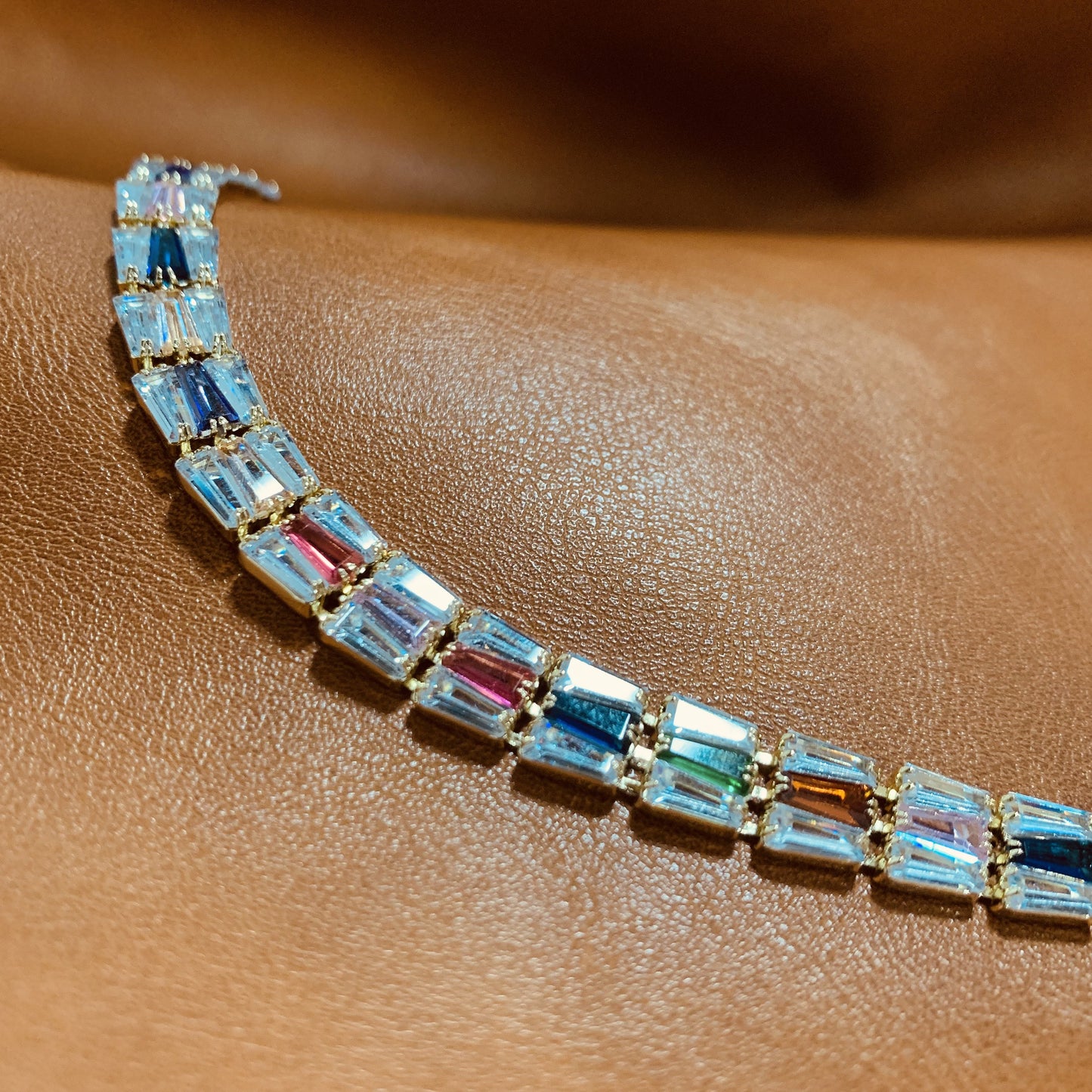 Sparkling Rainbow CZ Baguette Tennis Bracelet–6.3 Inches | Minimalist Multicolor Jewelry | Gift for Her & Best Friend