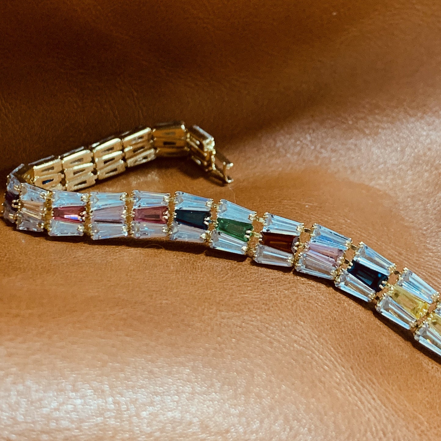 Sparkling Rainbow CZ Baguette Tennis Bracelet–6.3 Inches | Minimalist Multicolor Jewelry | Gift for Her & Best Friend