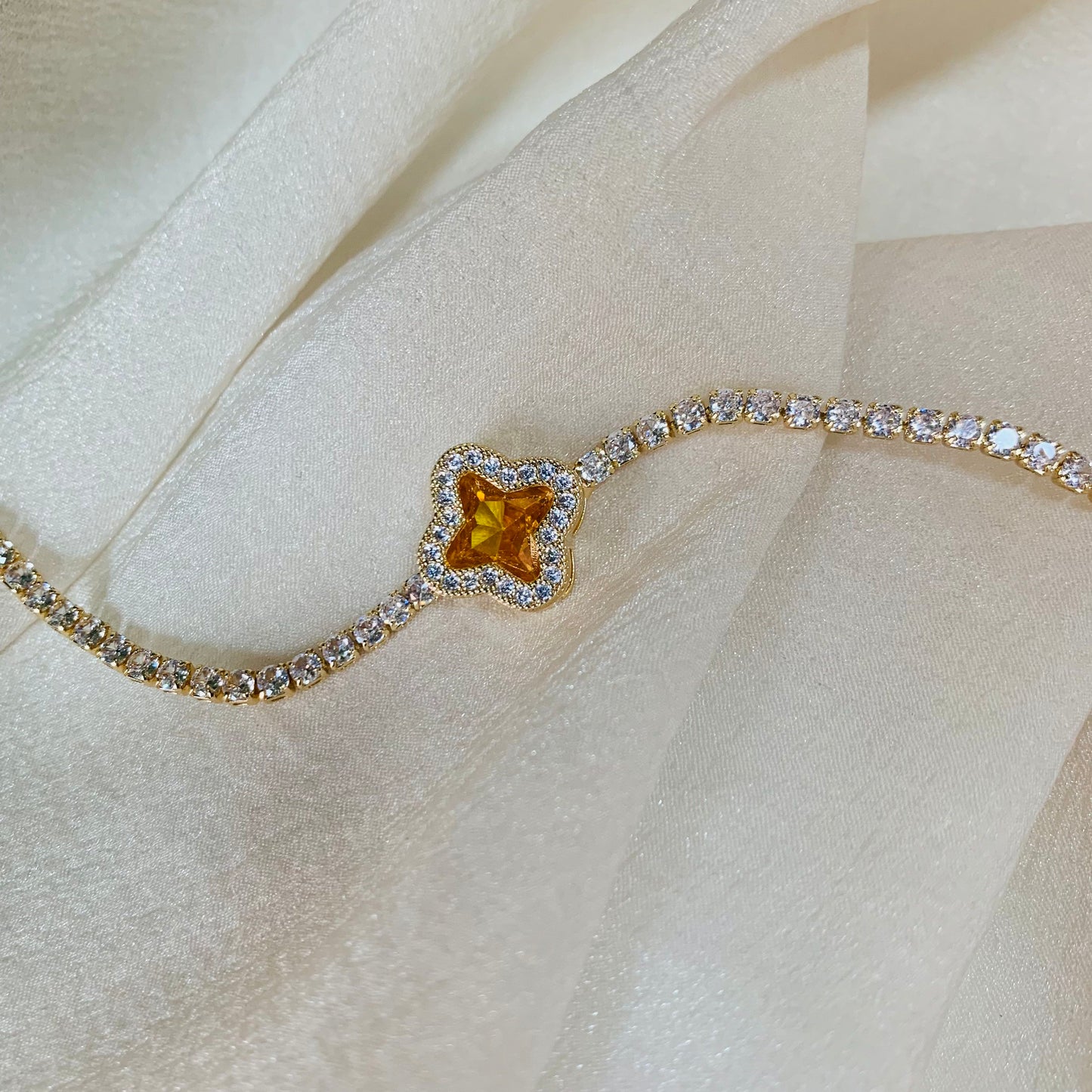 Gold Clover Star CZ Tennis Bracelet 7.4 inches| Dainty Minimalist Bling Chain | Lucky Charm Bracelet