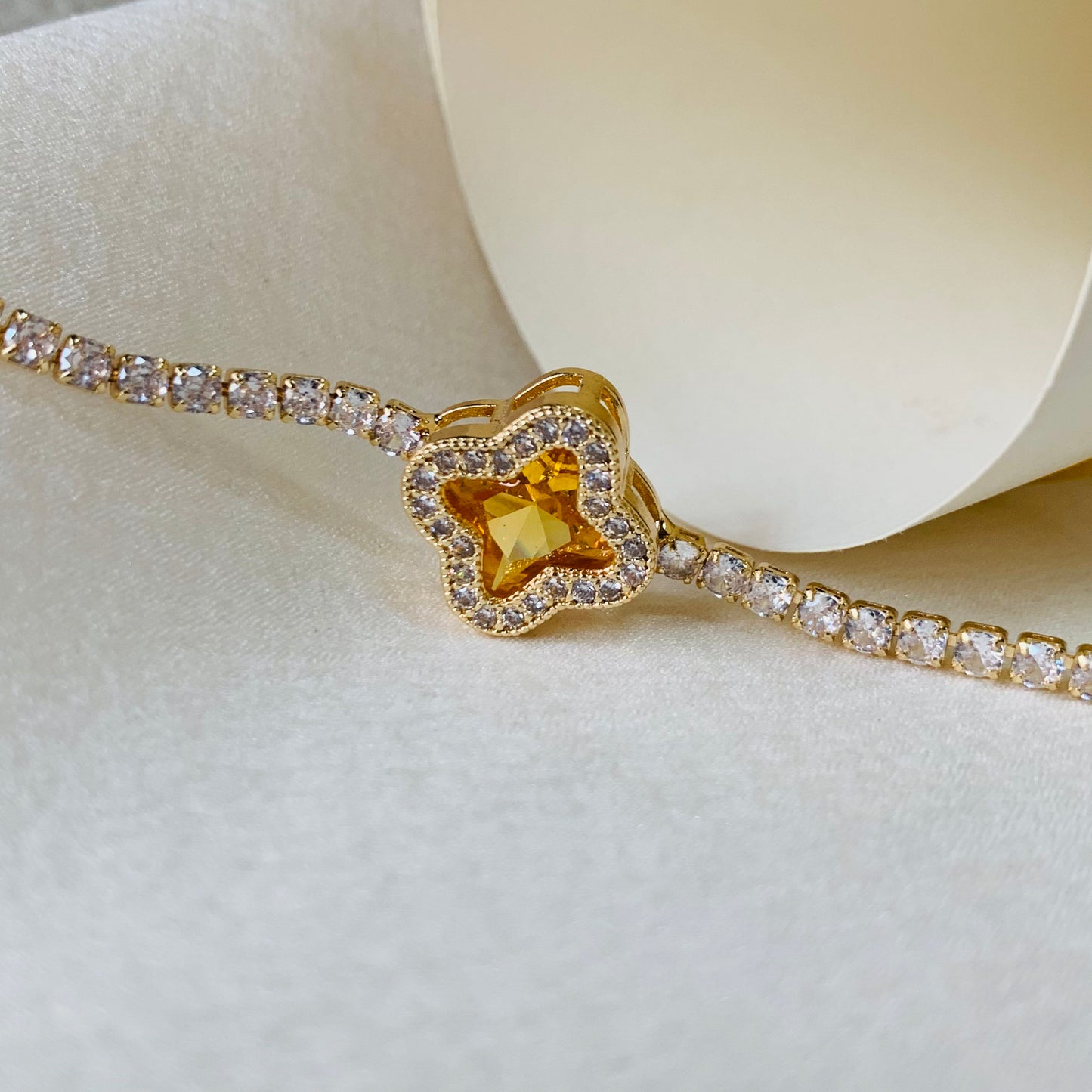 Gold Clover Star CZ Tennis Bracelet 7.4 inches| Dainty Minimalist Bling Chain | Lucky Charm Bracelet