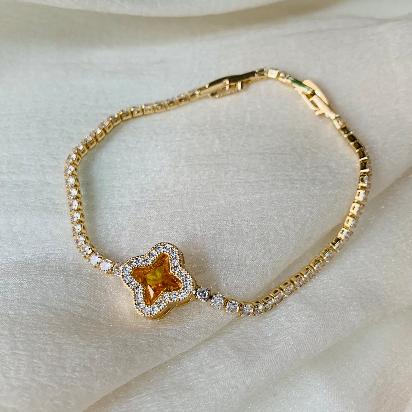 Gold Clover Star CZ Tennis Bracelet 7.4 inches| Dainty Minimalist Bling Chain | Lucky Charm Bracelet